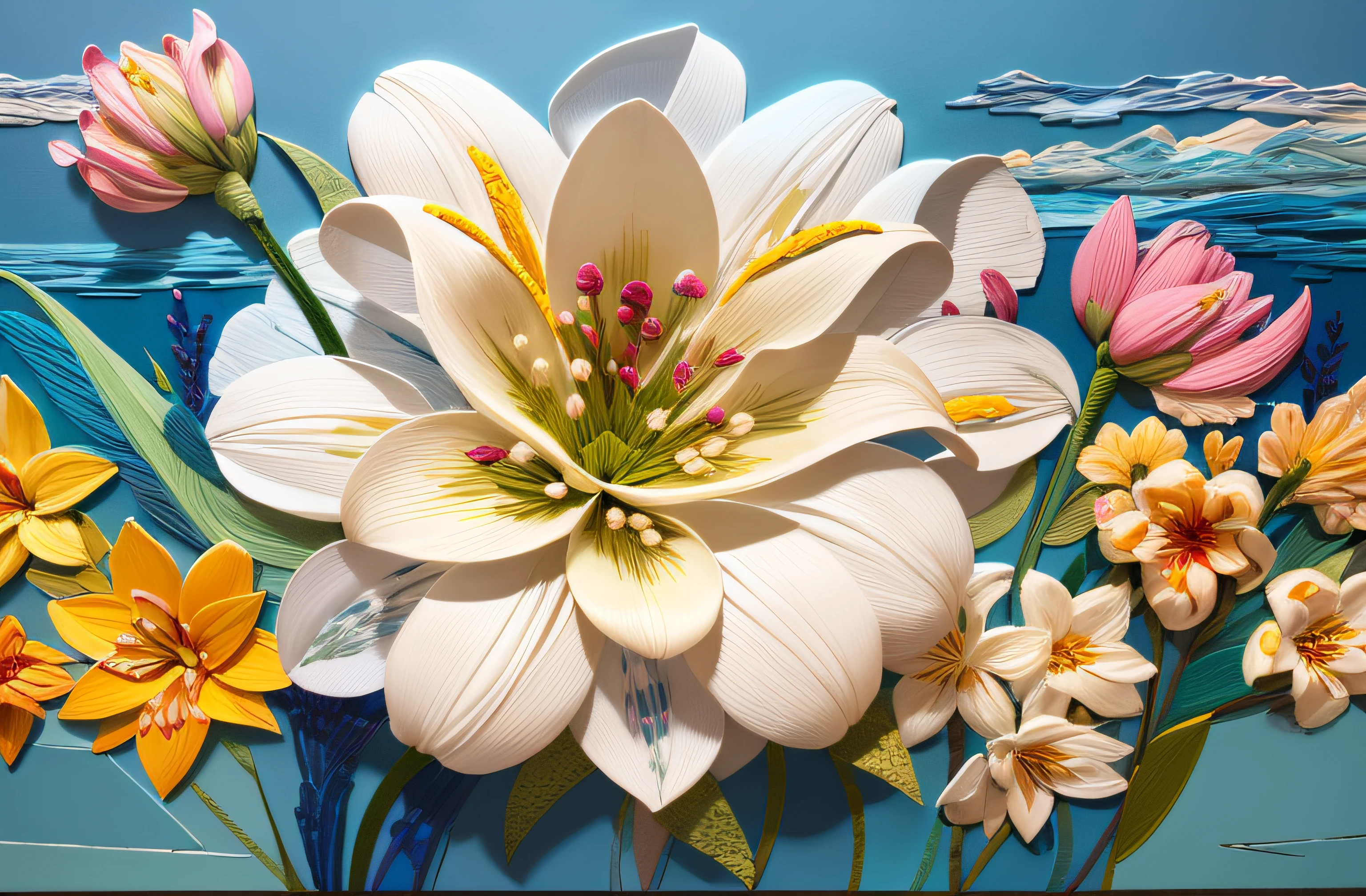 Abstract blue sky and yellow city background with a paper flower, layered paper art, paper plastic art, depicting a flower, paper art, oil painting relief, paper lilies, flowers, lilies, flowers in bloom and background, wrapped flowers, nuanced fine art, detailed flowers, intricate accurate details