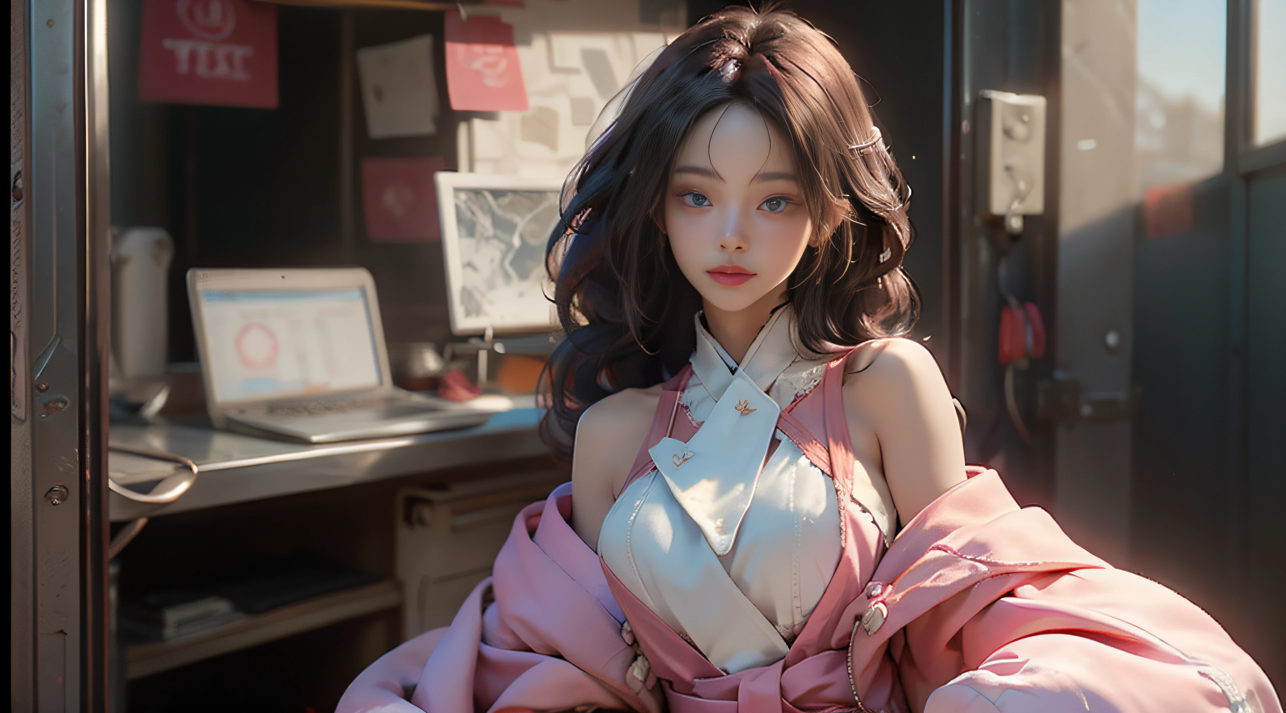 ((Best Quality)), ((Masterpiece)), (Detail: 1.4), 3D, Beautiful Cyberpunk Female Image, HDR (High Dynamic Range), Ray Tracing, NVIDIA RTX, Super Resolution, Unreal 5, Subsurface Scattering, PBR Texture, Post-Processing, Anisotropic Filtering, Depth of Field, Maximum Sharpness and Sharpness, Multi-layer Texture, Albedo and Highlight Mapping, Surface Coloring, Mitsu-Accurate Simulation of Material Interactions, Perfect Proportions, Octane Rendering, Two-color Light, Large Aperture, Low ISO, white balance, regular three-point, 8K RAW, beautiful bright pupils, flowing robe, fine pupils, delicate face and eyes, long eyelashes, blush, fluffy hair, pink lips, pure, cute