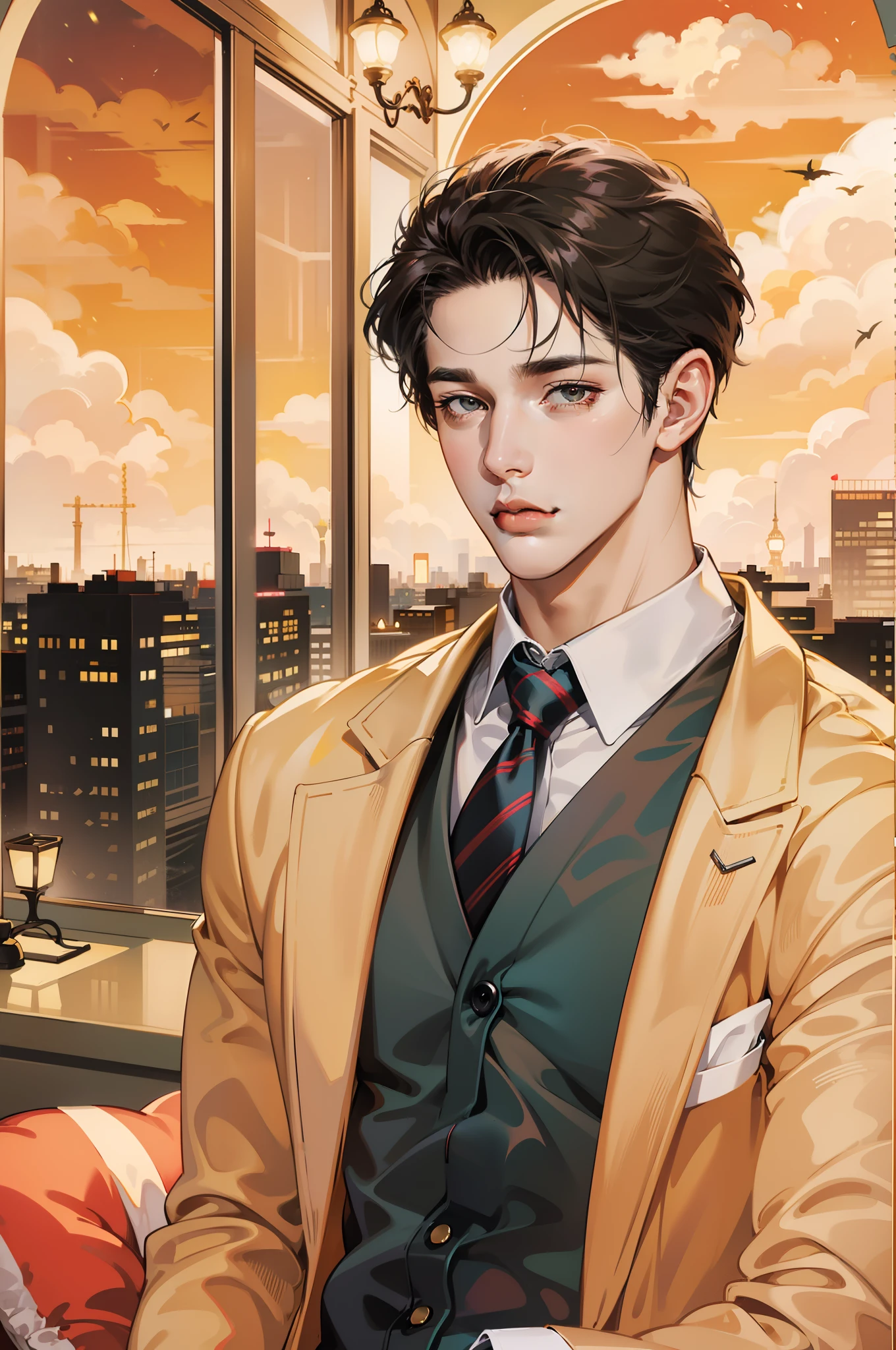 (Male 1, Solo, Tall Slightly Muscular Man, Handsome), Short Hair, Black Hair, Pomade, Brown Eyes, Rest, Night, Dark, Night View of the City from Big Window, Formal Suit, Tie, Rest, Upper Body, SeaArt Bot Control Net, Anime, Watercolor, Painting, Art Style, (Best Quality), When Viewing Viewer, Young Man,((Beautiful)), Pretty Face,Black Eyes,Man of Middle Eastern descent, Black hair, slim, thick and dignified curved eyebrows, clear and large eyes, peach blossom eyes, peach blossom eyes, black eyes, chiseled face, large nose, broad forehead, brown skin, long eyelashes, tear bags