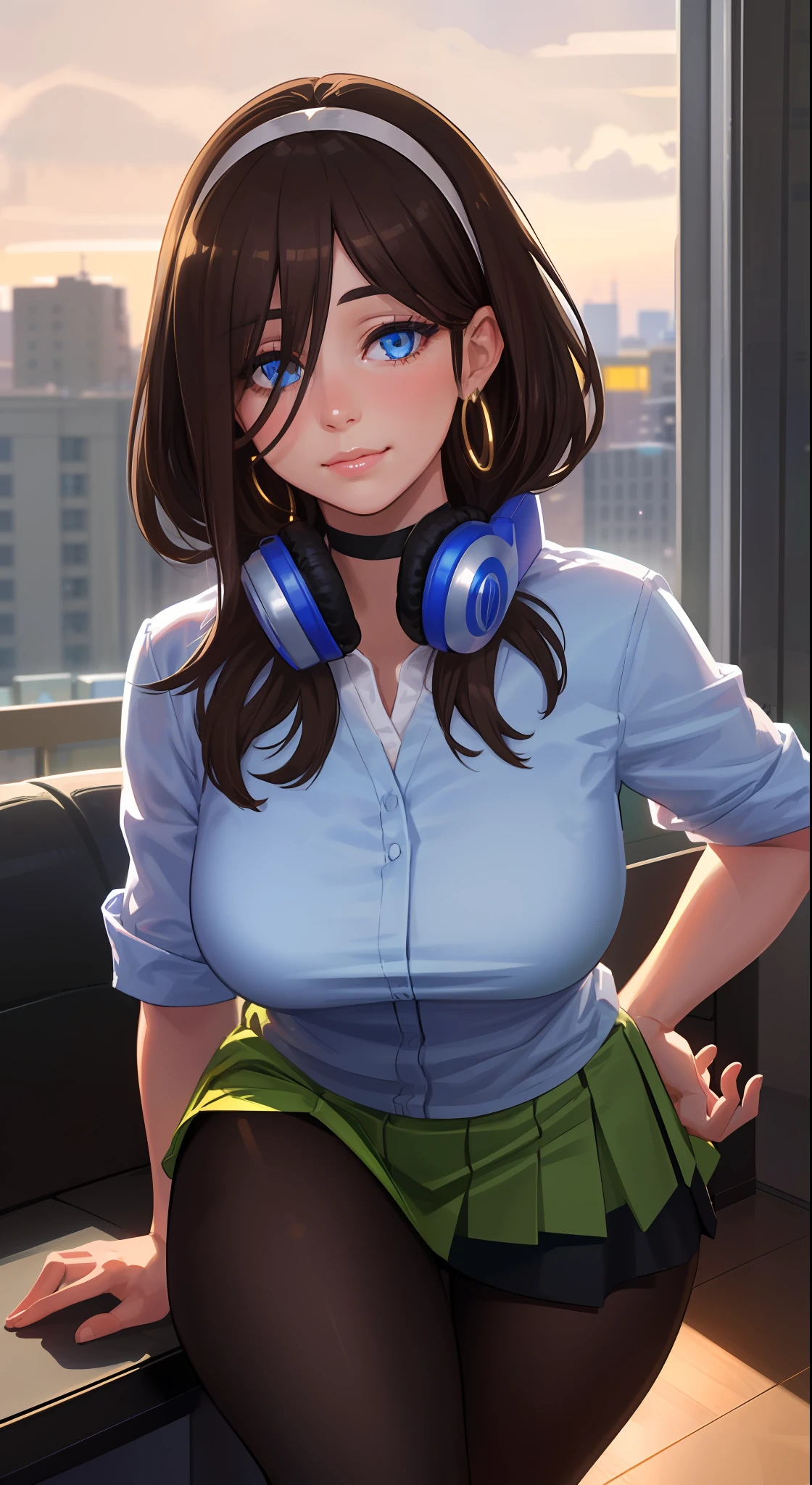 (1girl:1.4), (sfw), (dress), (masterpiece), illustration,(realistic:1.5), (specular lighting:1.4), (hyper-realistic:1.2), (photorealistic face:1.2), (perfect face), (best quality), (8k), (4k), photorealistic, sharp focus, octane, best quality, extremely detailed, intricate, hyperdetailed, fantasy, soft lighting, (large breasts: 1.4), (skindentation: 1.3), (((black tight skirt: 1.5)))), ((white office shirt: 1.5))), thick thighs, hips wide, large thighs, black thigh-length stockings, thick eyelashes, long eyelashes, hair band, arm strips, choker, (((brown hair: 1.5))), hair with highlights, hair ribbon, hair band, smile, half-open lips, multicolored eyes, golden earrings, (night: 1.5), (((office: 1.3)))), window, inside, comfortable, cozy, looking at the viewer, dynamic pose, detailed skin, headphones on the neck, (((blue eyes))), office, office work