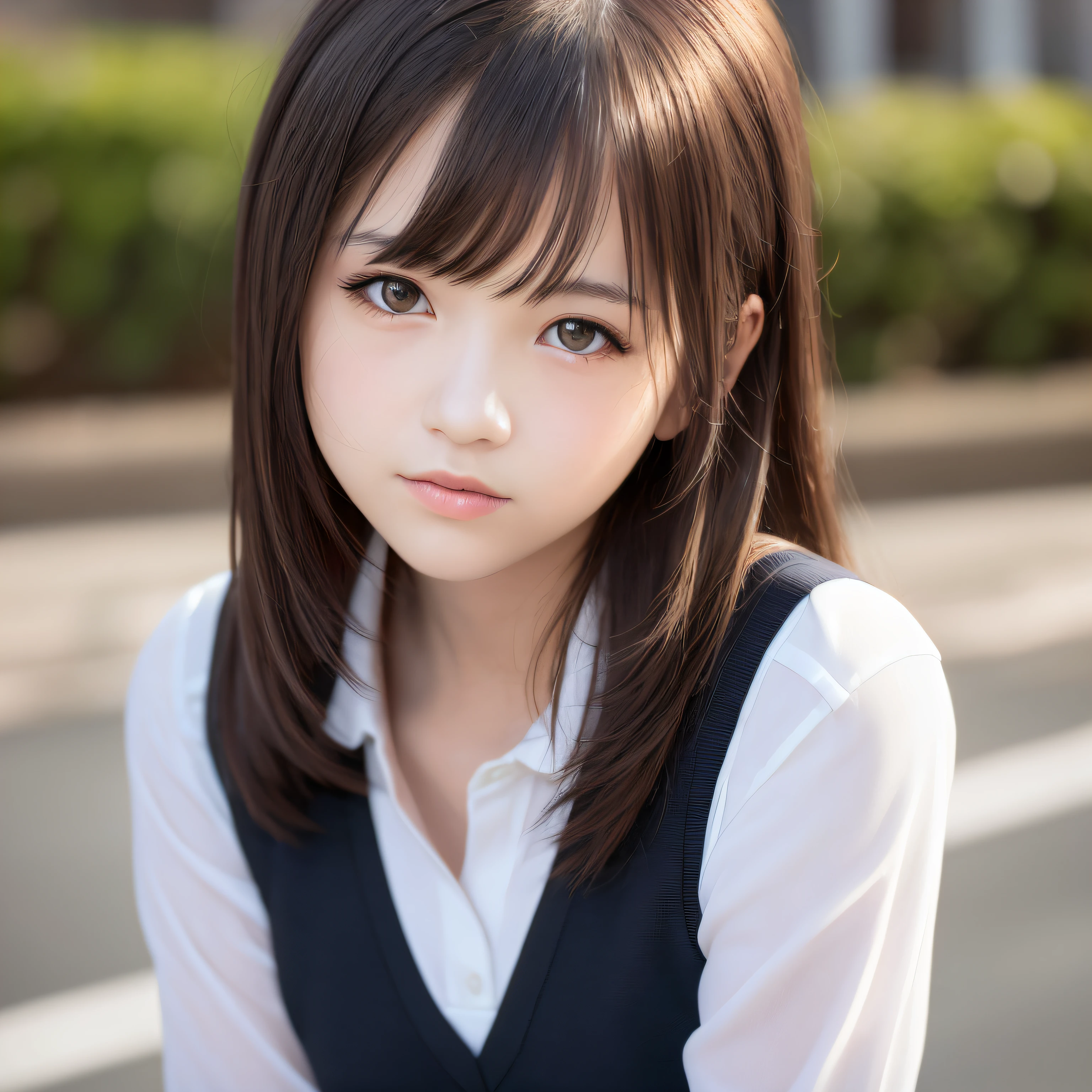 (best quality, masterpiece), 1girl,beautiful girl, cute, elementary school student, small, shy, blush, Japan schoolgirl uniform, cleavage, light background, upper body, jade eyes, very long black hair, bangs, lolita, very detailed face and skin texture, realistic human skin, realism, realistic photography, professional color correction, natural light, looking viewer, depth of field, model shooting style,