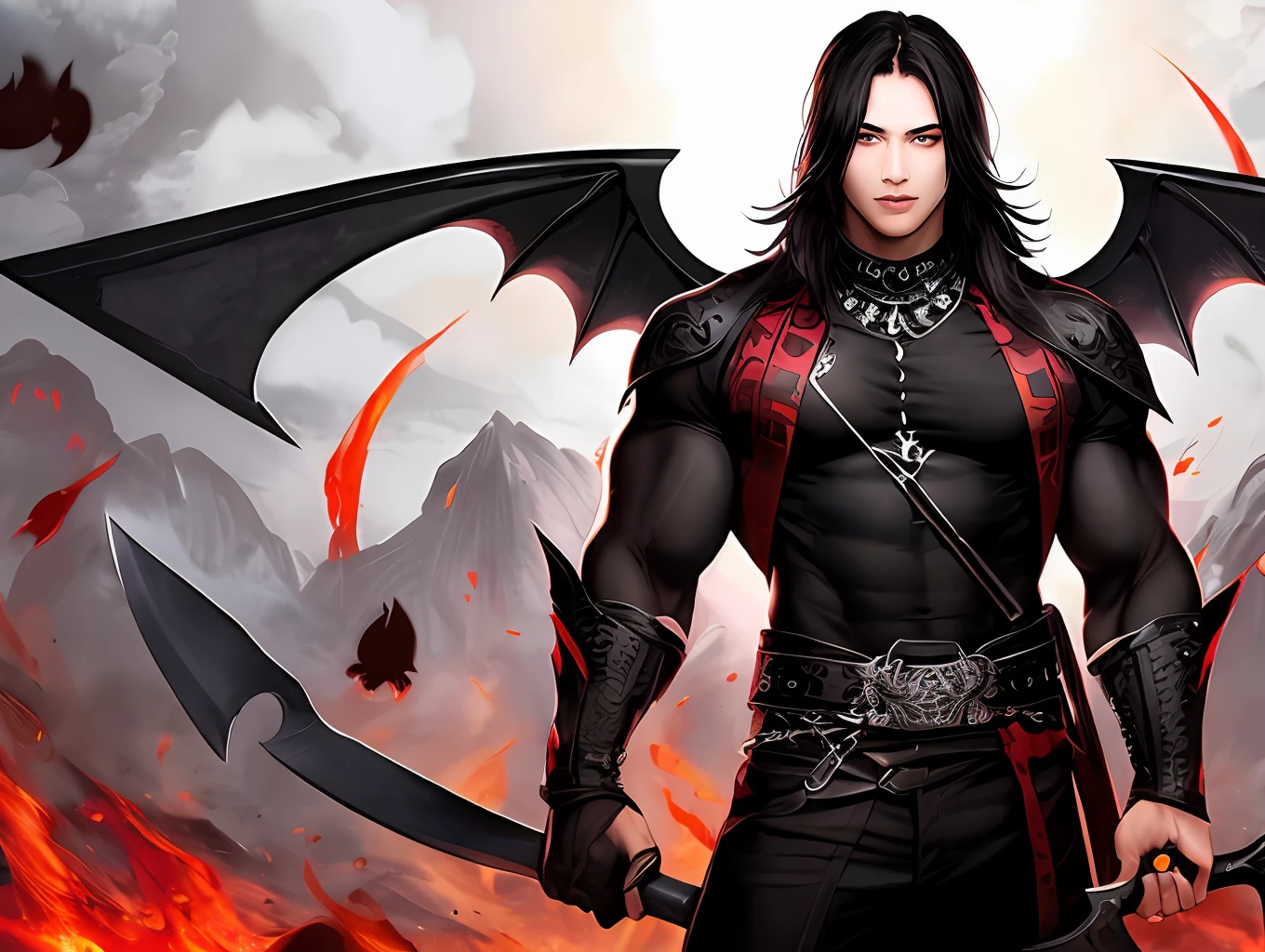A guy with black wings, muscular, red eyes, scythe in hand, dark energy, tattoos,