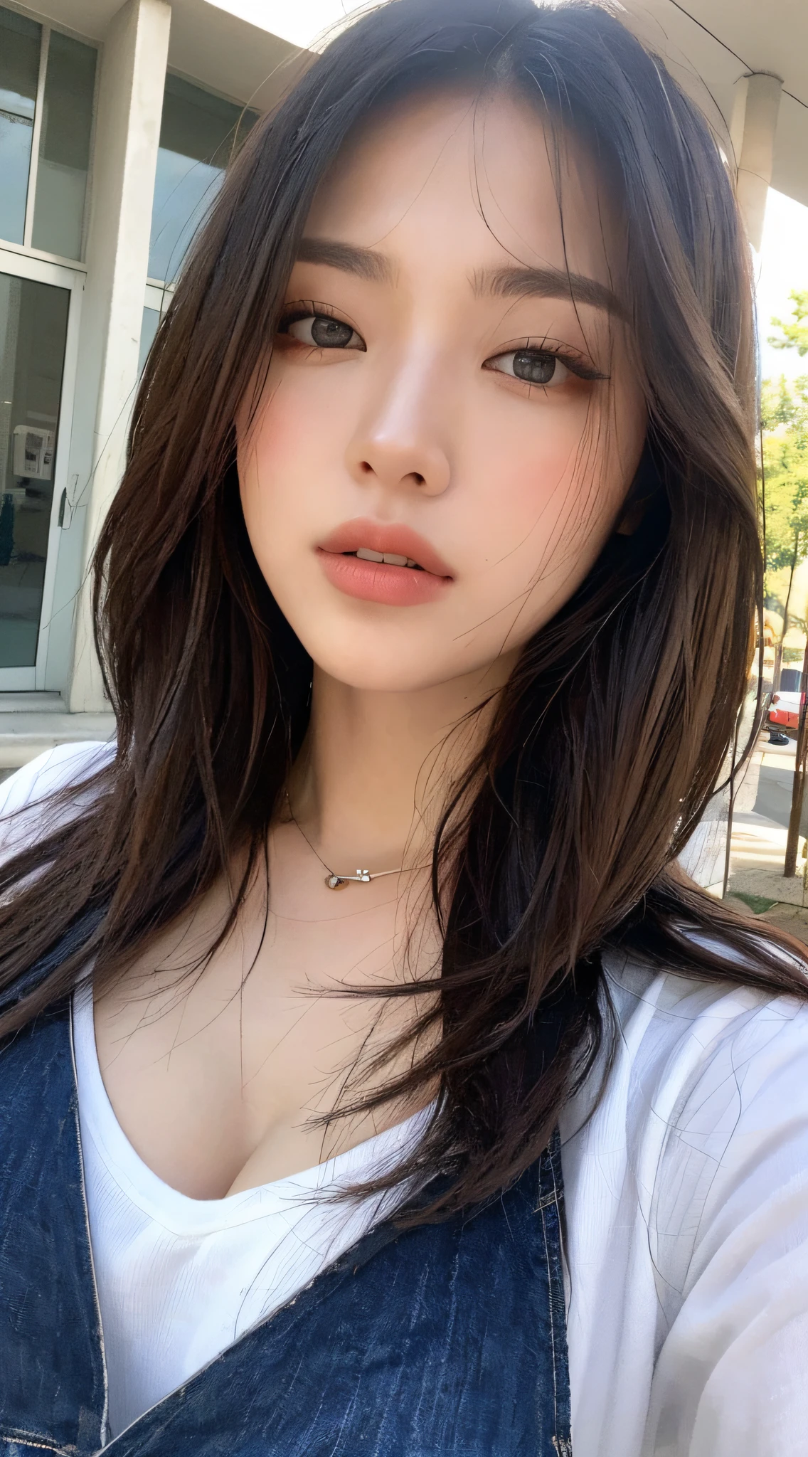 ((Best Quality, 8K, Masterpiece: 1.3)), Sharp: 1.2, Perfect Body Beauty: 1.4, Slim Abs: 1.2, ((Layered Hairstyle, Big Breasts: 1.2)), (Wet White Button Long Shirt: 1.1), (Rain, Street: 1.2), Wet: 1.5, Highly detailed face and skin texture, detailed eyes, double eyelids, side face looking at the camera