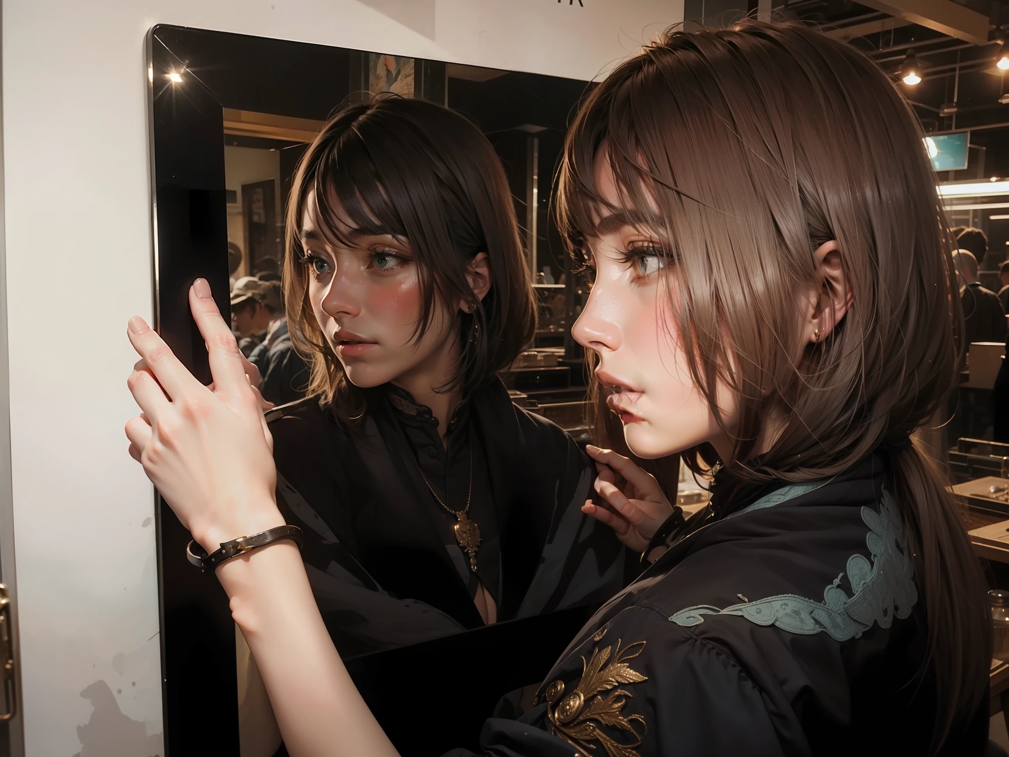 (Best Quality, Masterpiece: 1.1), (Realistic: 1.4), 1 Girl, Cowboy Shot, Mirror, Aristocratic Clothes, Beautiful Girl, Detailed Hair, Detailed Skin, Best Quality, Alphonse Mucha