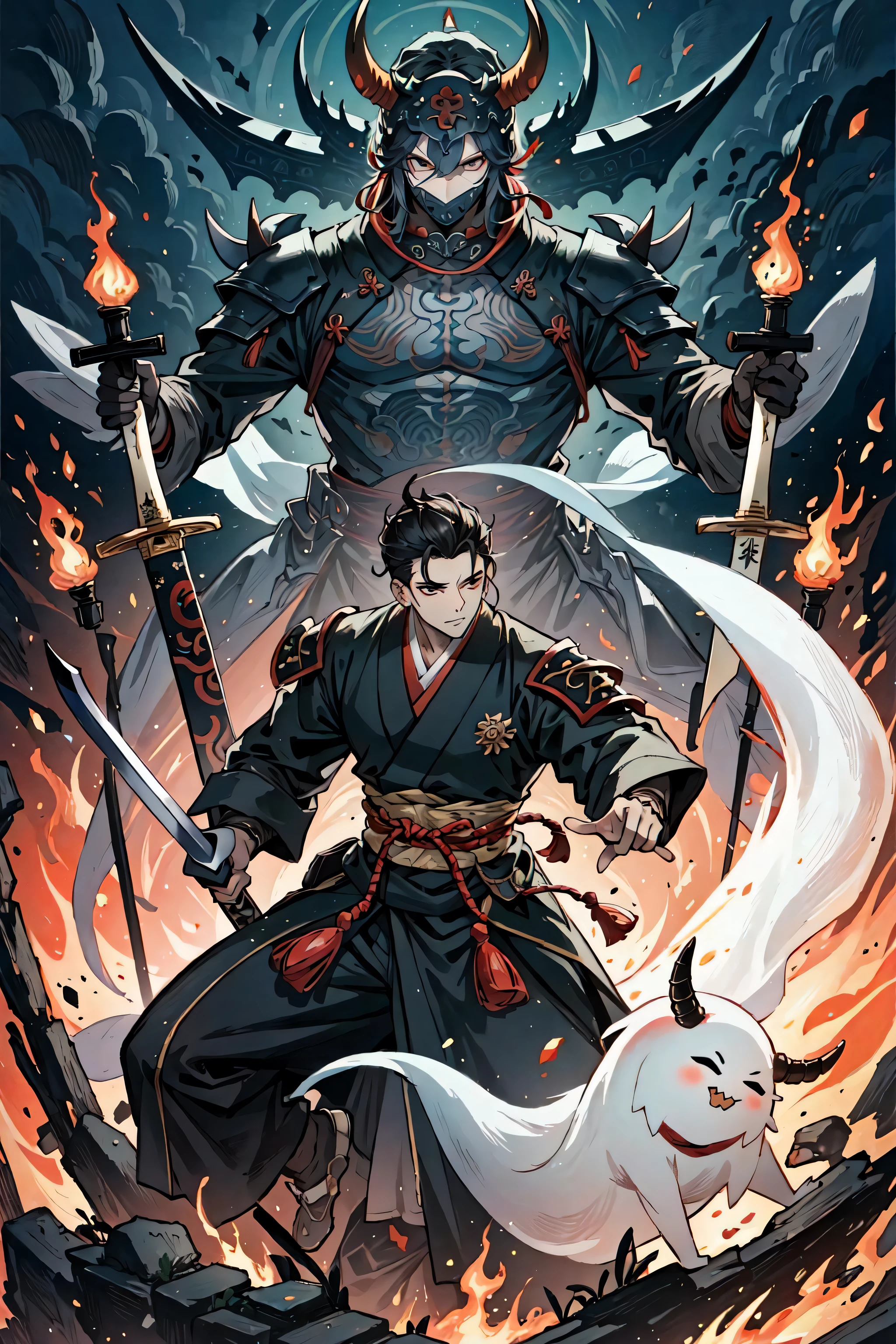 (best quality),  detailed background, oriental nobless,ghost man,combat arts, holding holding sword, oriental castle,oni, monster army