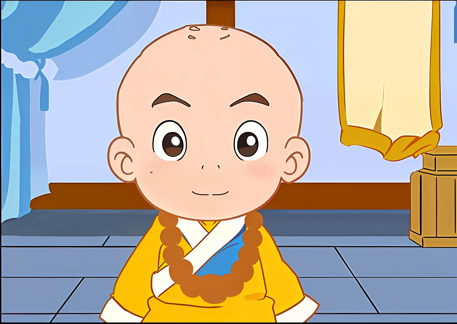 cartoon of a bald man with a yellow robe and a brown tie, avatar aang, aang, buzzed hair on temple, monk clothes, 2 1 st century monk, buddhist monk, fisting monk, monk, inspired by Yang Buzhi, monk meditate, inspired by Lü Ji, taoist priest, buddhist, shaved temple, ancient japanese monk