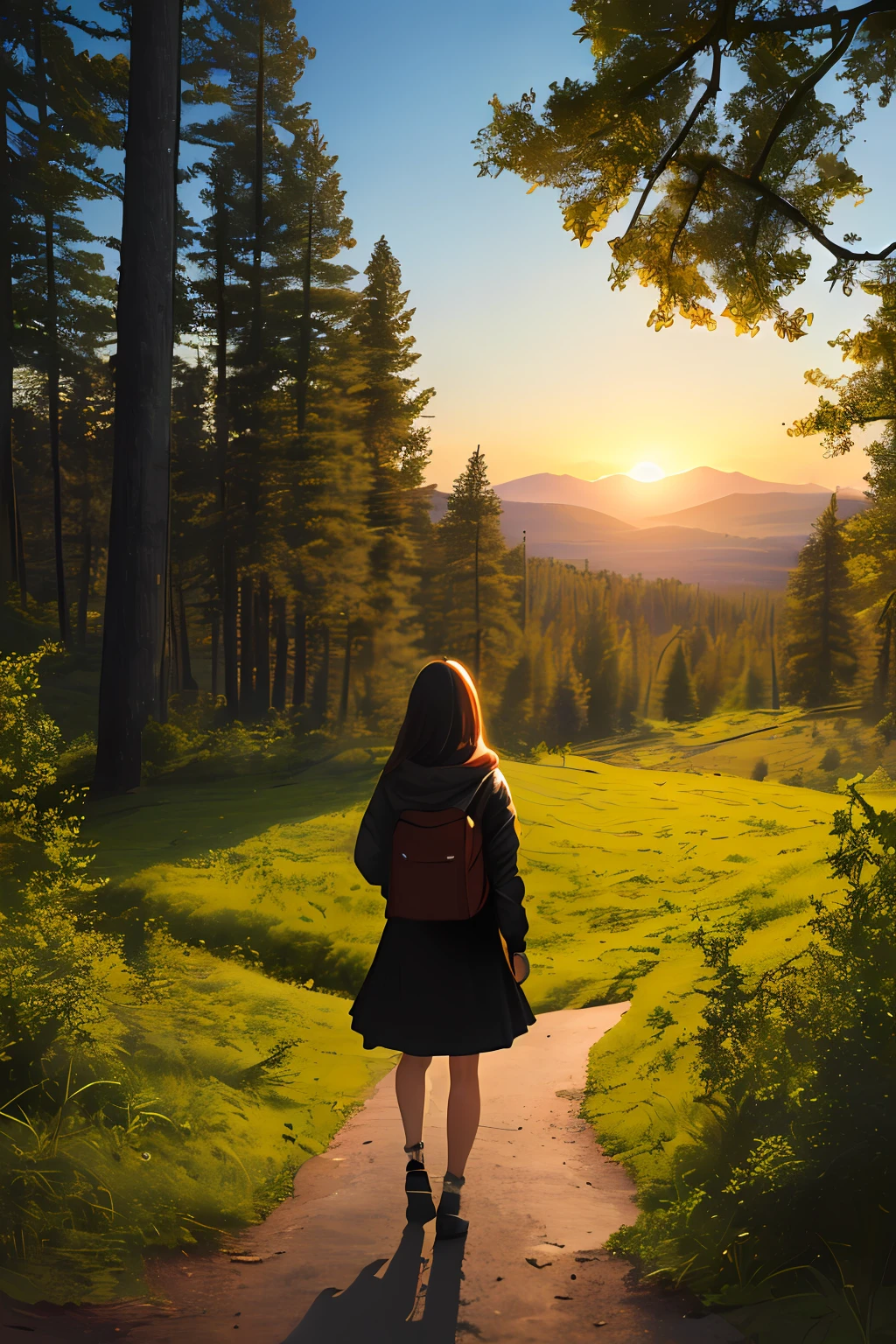 ((masterpiece,best quality,ultra detailed,ultra high res,detailed background)),sunrise,forest,impressive,chill,inspirational,1girl,facing away