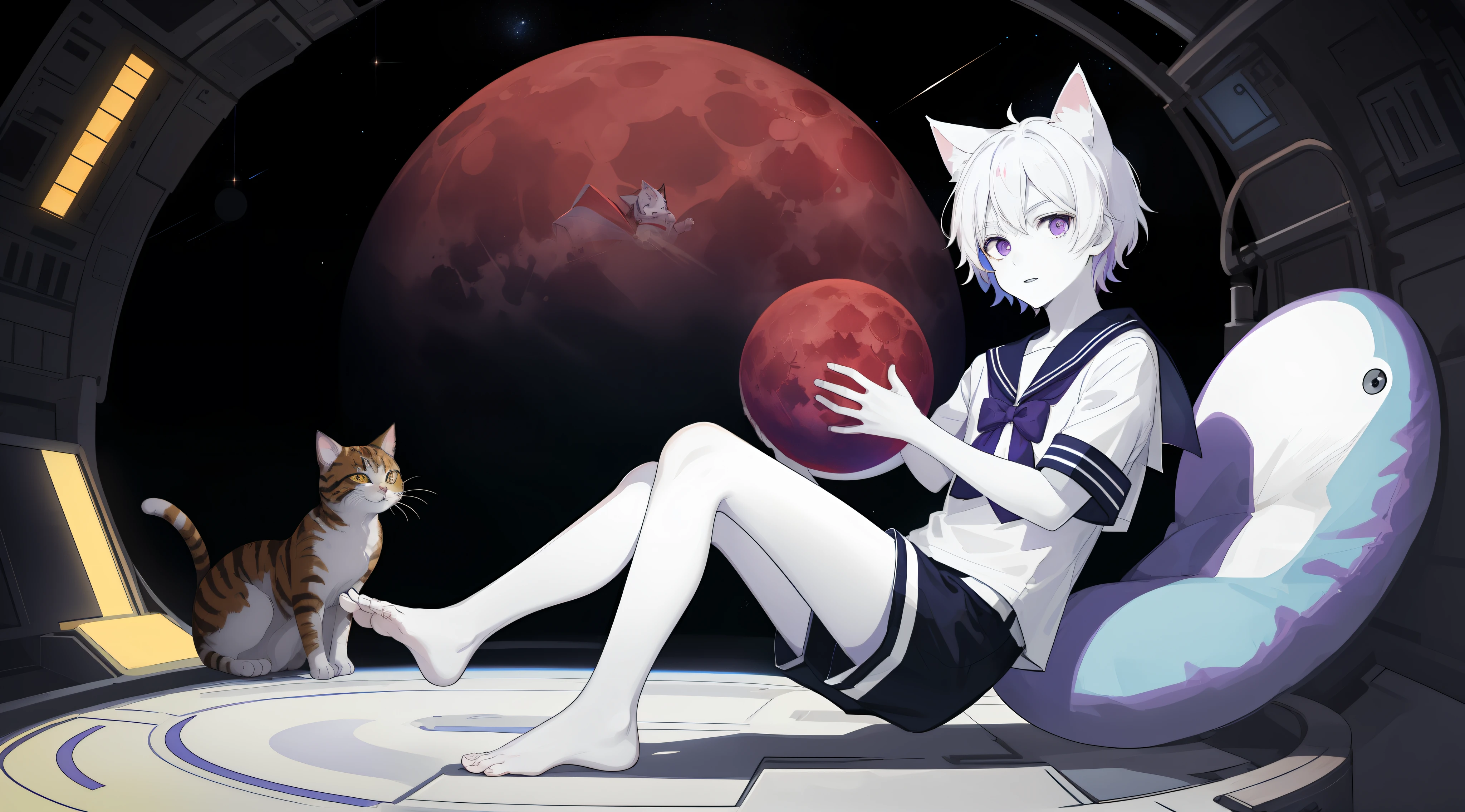 ((Pale Skin)), (Little Boy), (Red Moon), (Short Hair), (Purple Eyes), (White Hair), (Blue and White Striped Sailor Suit), (Blue and White Striped Shorts), (Barefoot), (Happy), (Cat Ear Tail), (Handsome), (Lying on the Moon), (Zombie), (Space Station Background)