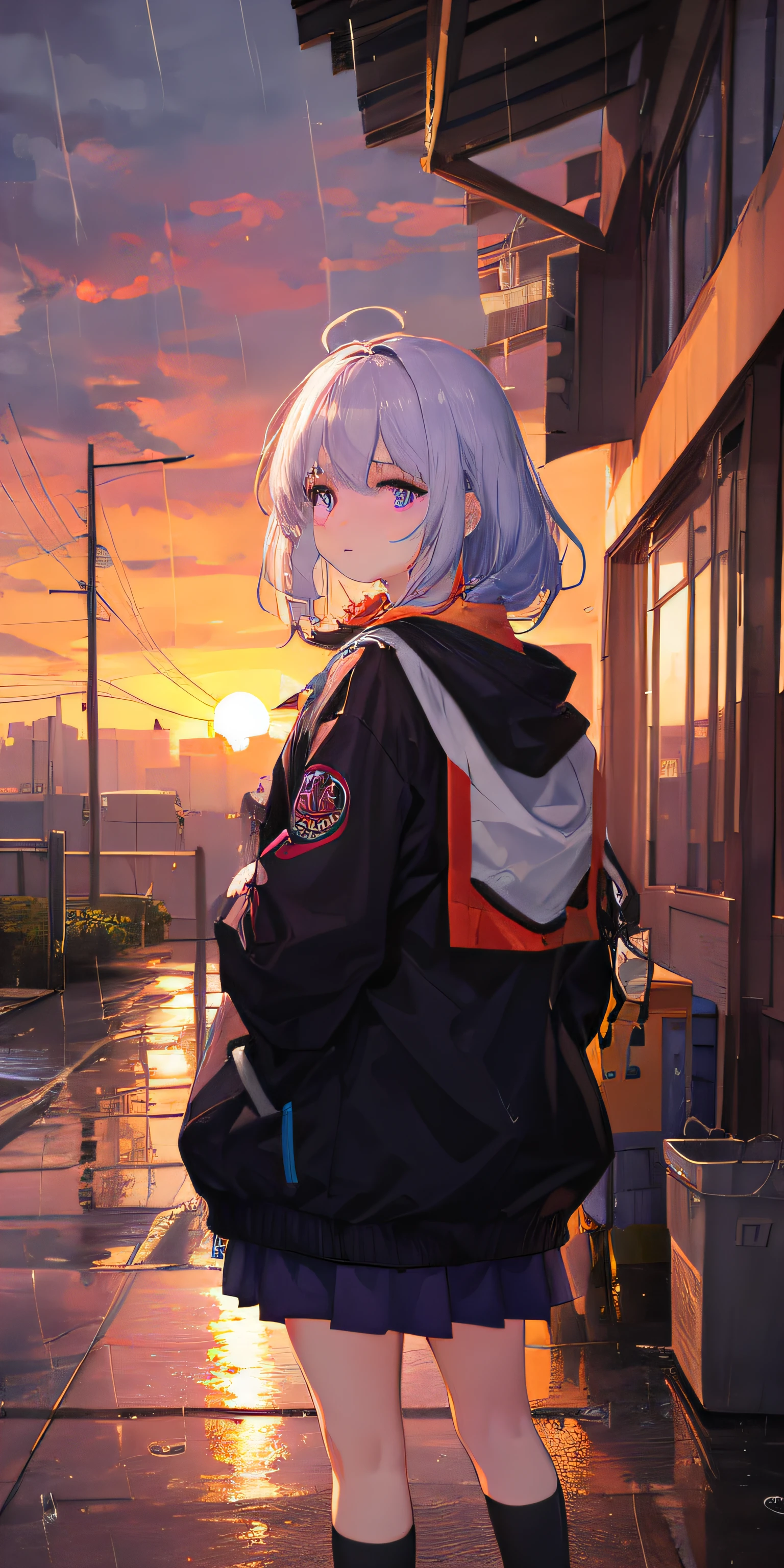 masterpiece, best quality, high resolution, solo, purple eyes, outdoor, rain, neon, clothes going out, embarrassment, anxiety,, messy clothes, orange sunset, dim, high school students in nursery,