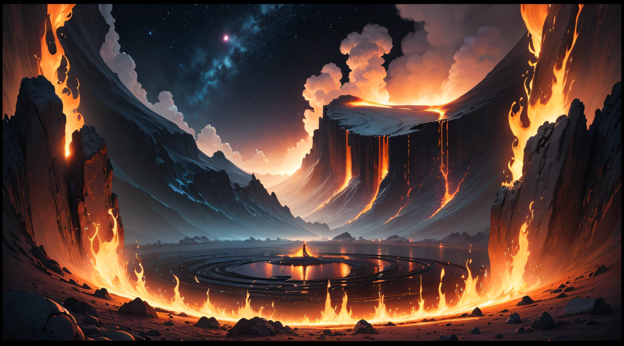A beautiful Earth full of water and lava, intricate, masterpiece, expert, very detailed, 4K, composition, frame, center, symmetry, painting, intricate, three-dimensional lighting, beautiful, rich dark masterpiece, sharp focus, ultra-detail, in the style of Dan Mumford and Mark Simonetti, astrophotography --auto