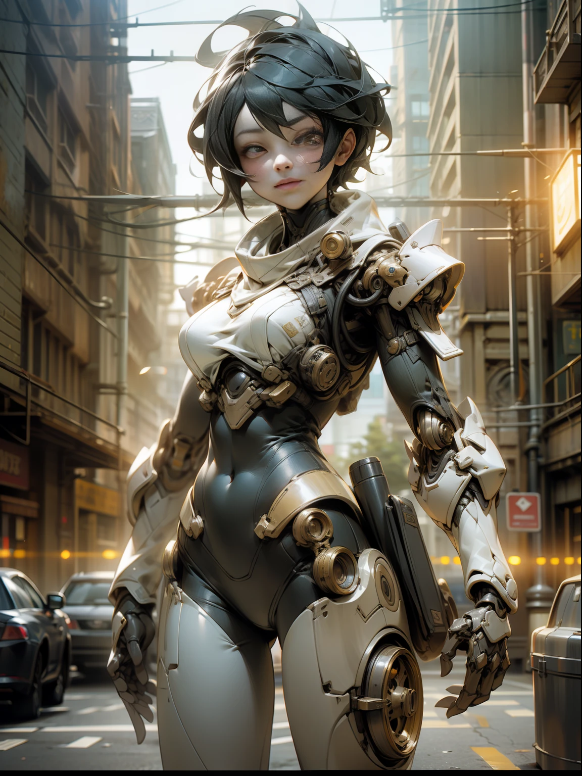 ((Best Quality)), ((Masterpiece)), (Very Detailed: 1.3), 3D, Steampunk Warrior After Desert Battle, Steampunk Weapon, Dark Style Armor, Cinema Lights, (Best Vision Photo of a Mechanical Girl), Anatomically Correct, High Density Display (High Dynamic Range), Ray Tracing, NVIDIA RTX, Super Resolution, Unreal 5, Underground Scattering, PBR Textures, Post Processing, Anisotropic Filtering, Depth of Field, Maximum Sharpness and Acutance, Multi-layer Textures, Specular and Albedo Mapping, Surface Shading, Accurate Simulation of Light-Material Interactions, Perfect Proportions, Octane Rendering, Two-tone Illumination, Low Luminosity, White Balance, Rule of Thirds, Large Aperture, 8K Raw Data, High Efficiency Subpixels, Subpixel Convolution, Light Particles, Light Scattering, Tyndall Effect, Perfect Body Proportions, Short Hair Assassin, (on City Streets: 1.2), Ray Tracing, Light Particles