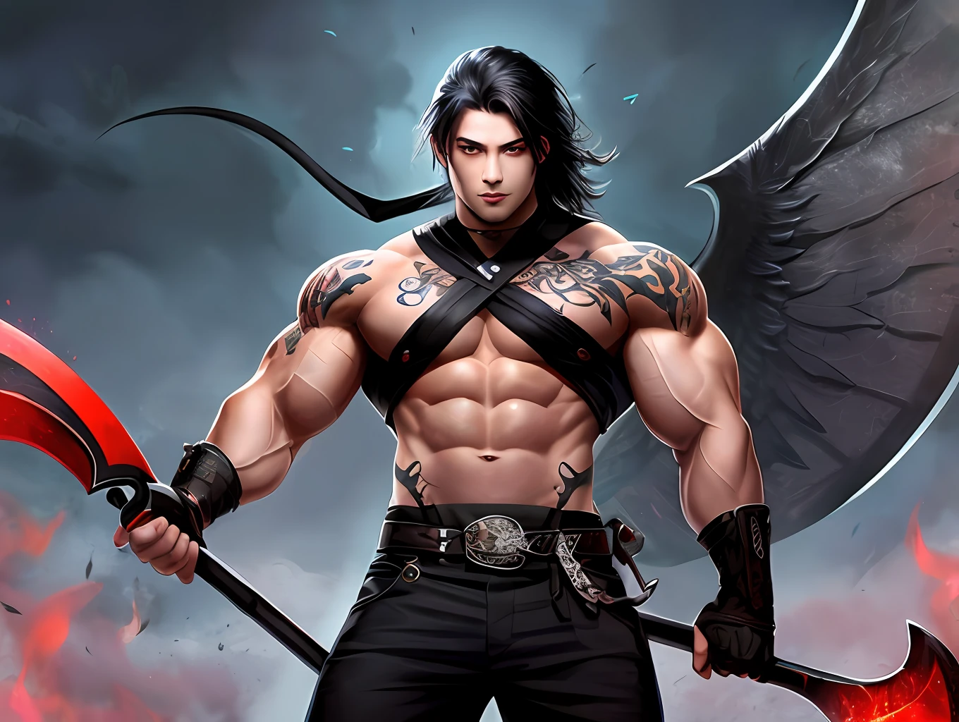 A guy with black wings, muscular, red eyes, scythe in hand, dark energy, tattoos,