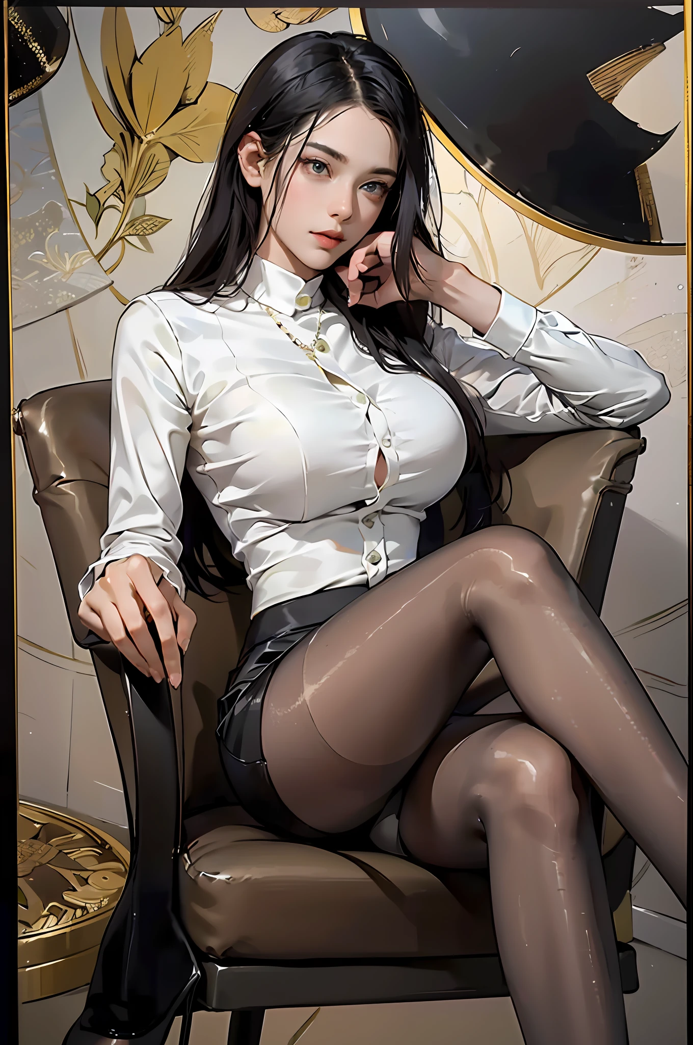 Masterpiece, 16k, award-winning photo, amazing, fine details, absurd, highly detailed woman, 20 years old, sexy theme, extremely detailed eyes and face, glare eyes, ((((black pantyhose)))), (((short skirt))), (((suit))), beautiful face, perfect face shape, perfect figure, oversize model, mature woman, (((high and long legs))), (((very large breasts))), perfect to wear tight, simple clothes, high heels, Photography 4 Kodak Portra 400 camera F1. 6 colorful lenses, ultra-realistic textures, dramatic lighting IrrealEngine ArtStation Cinestill 800 Tungsten Trends on the Lamp, (((moving shot))), a woman sitting in a chair in the room,