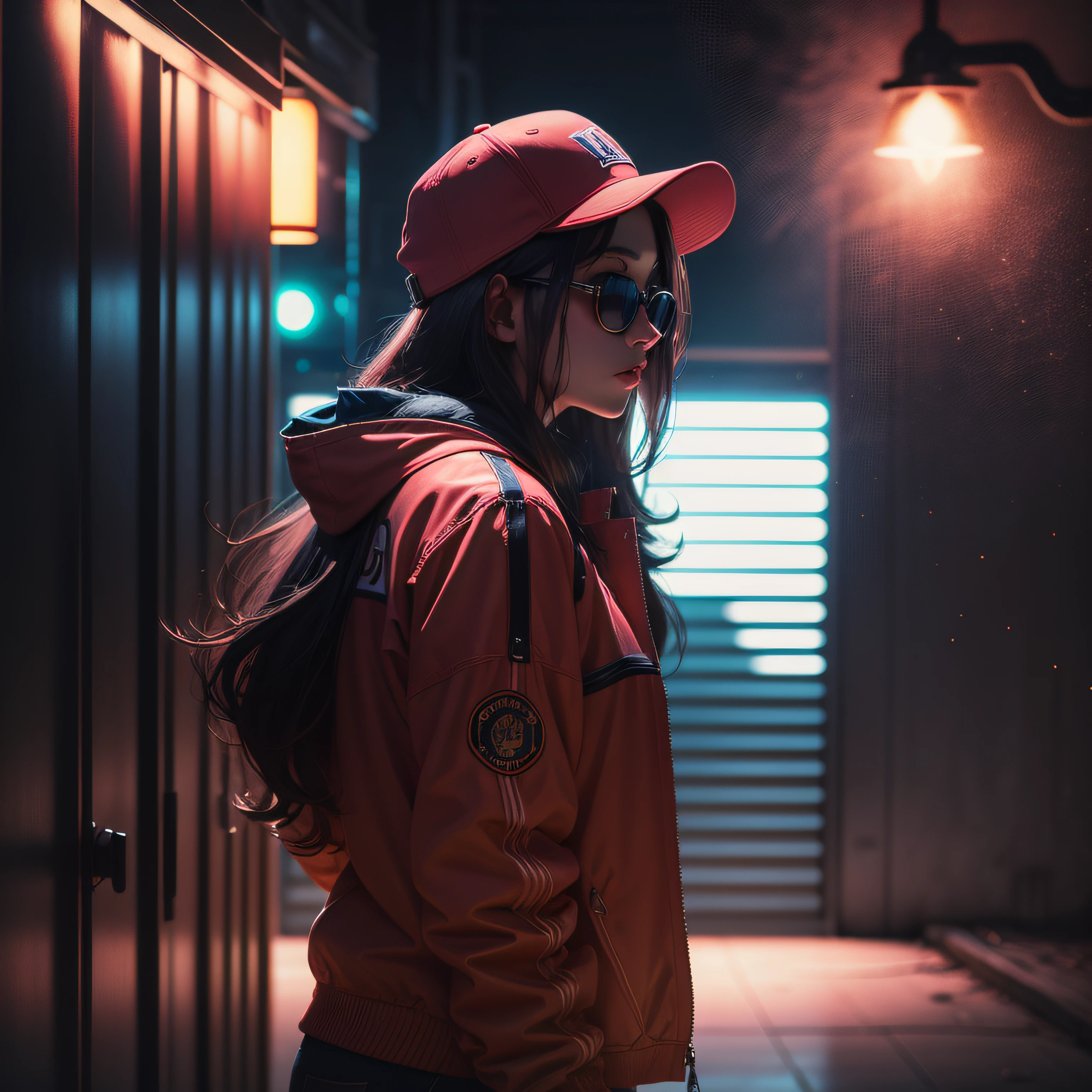 "A woman, with an attractive body, in a basquet jacket with the colors of the Lakers, cap and sunglasses, standing at a deserted night club. The environment is dark, with lighting that highlights the shadows. The scene conveys an intense sense of loneliness and isolation. Music equipment and distant lights are obscured by the night, producing trails of colorful and vibrant lights in the background. The camera is positioned at a dynamic angle, as if it were a film shot, giving a sense of action and suspense."