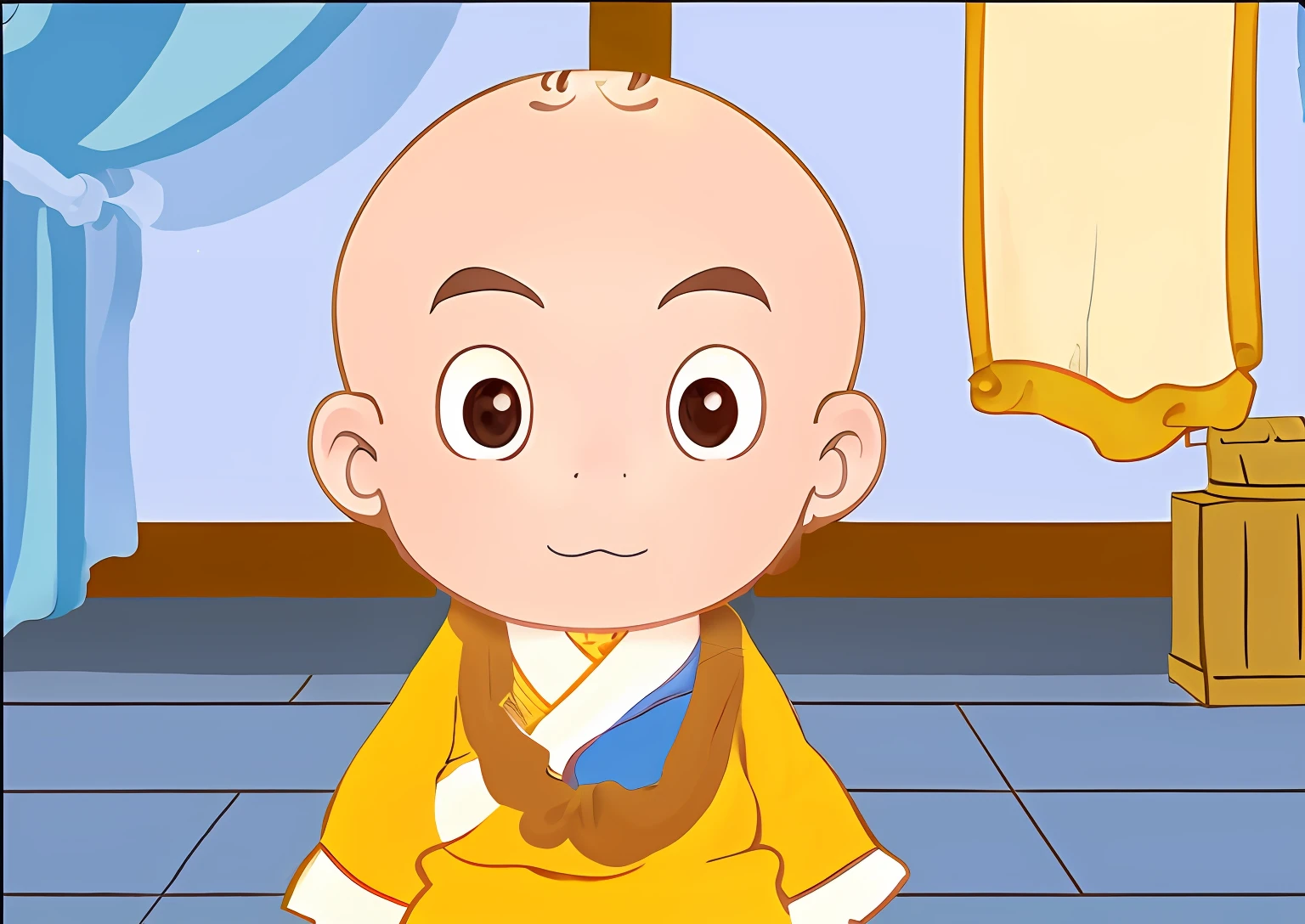 cartoon of a in a yellow robe sitting on the floor, aang, avatar aang, monk clothes, inspired by Chen Daofu, monk, inspired by Lü Ji, inspired by Yang Buzhi, fisting monk, buzzed hair on temple, 2 1 st century monk, inspired by Zhao Mengfu, inspired by Cui Bai