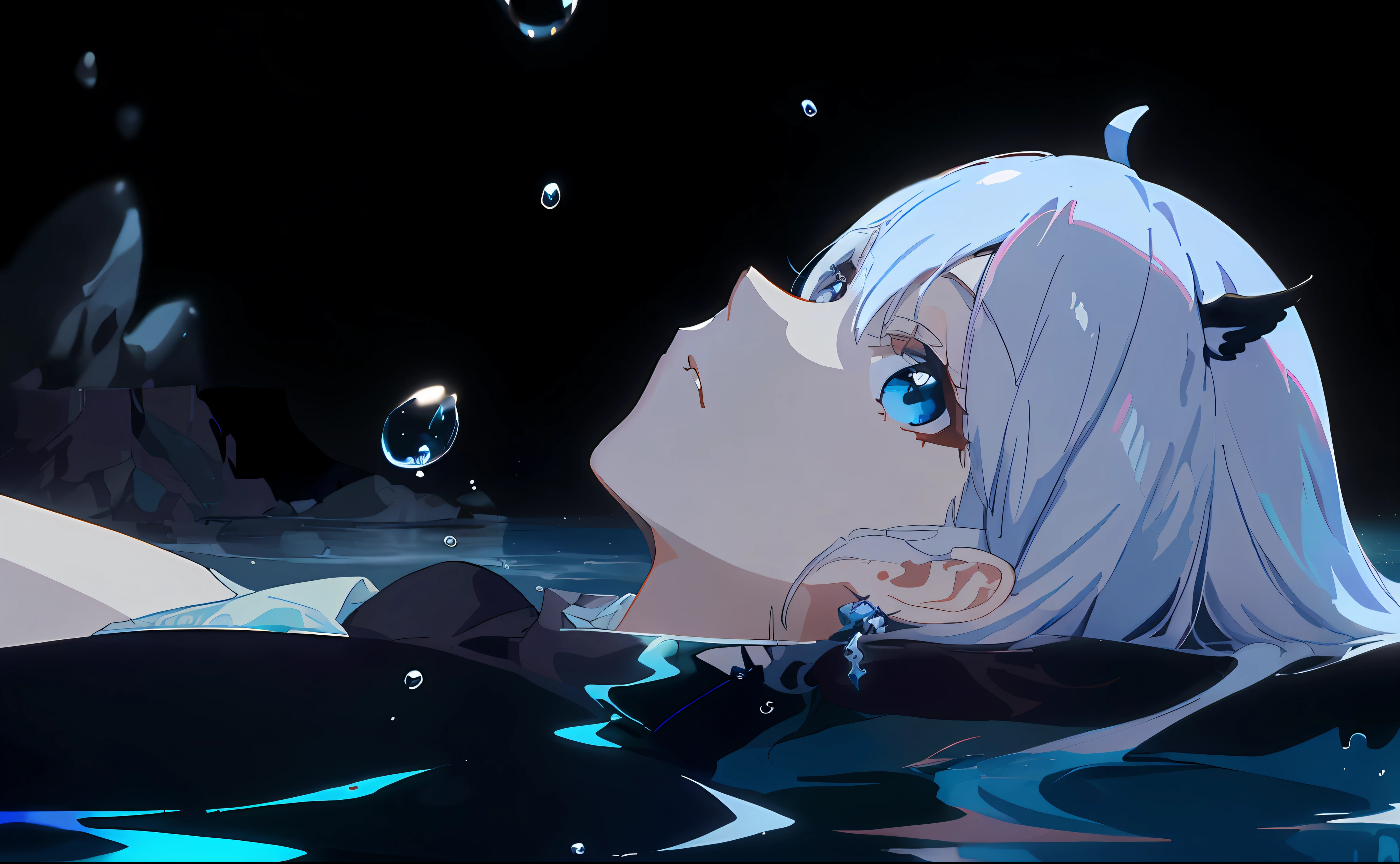 anime image of a woman floating in the water with her head in the water, anime girl on the surface of the water, waves, water drops, wading, Today's featured anime stills, (( ( ( Yoshinari Yoh) ) ), animated stills, anime movie screenshots, characters in the water, beautiful anime scenes, in anime movies, screenshots of anime from the 2012s, 8k wallpapers, masterpieces, cinematic lighting, top quality, illustrations, dramatic angles, ((color: 1.1)), ((color infra: 1.4)), 1 girl, solo, long hair, water, blue eyes, necklace, white, liquid hair, white hair, bangs, bangs, from side, silhouette, upper body, blue hair, simple background, gray background, bare shoulders, portrait, white dress, between hair, colorful hair, pink hair, white background, face lighting, dynamic lighting, cinematic lighting, ultra realistic, high resolution, photography, sharp focus, highest detail, extreme detail, super detail, fine detail, extremely detailed eyes and face