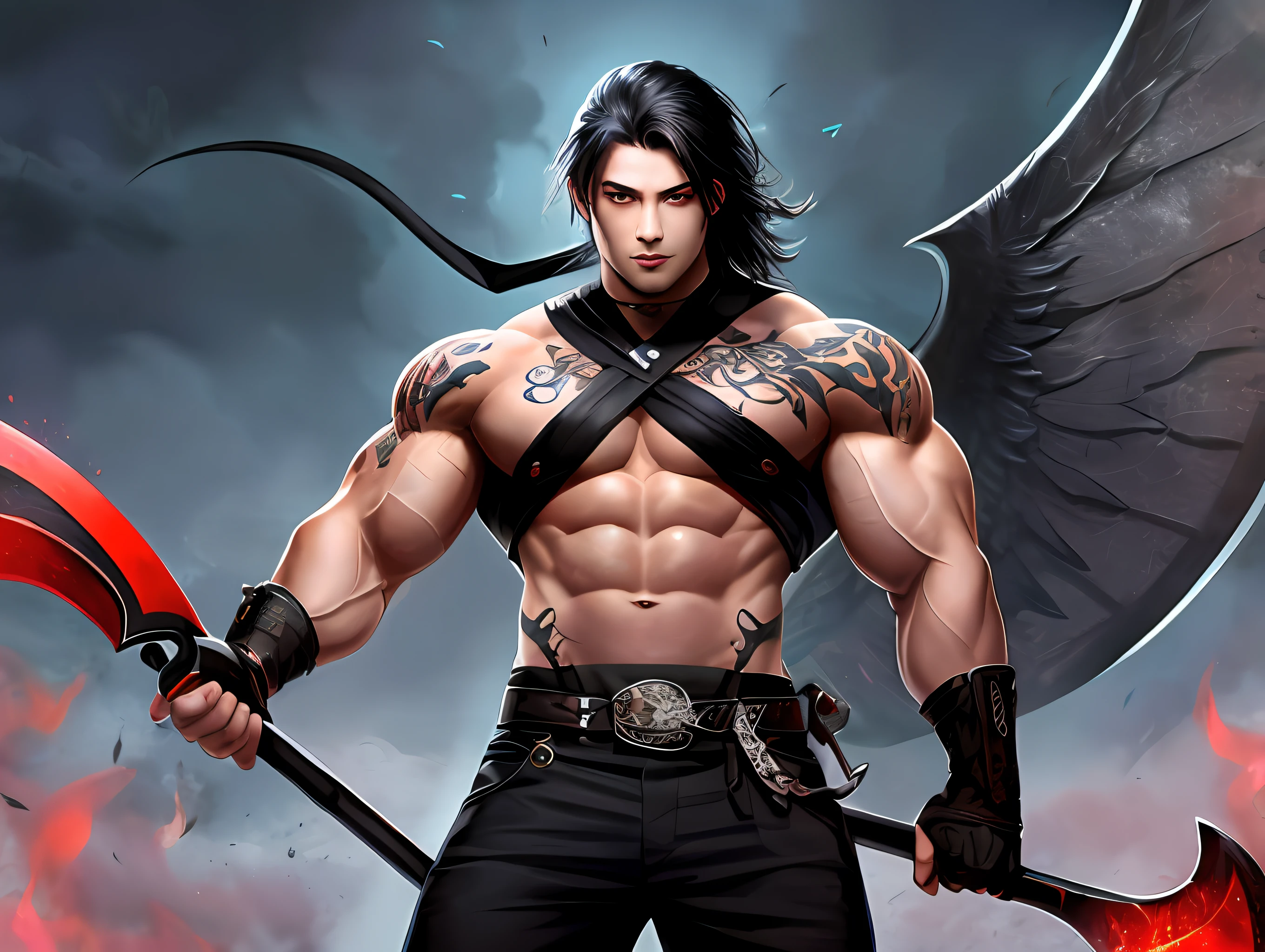 A guy with black wings, muscular, red eyes, scythe in hand, dark energy, tattoos,