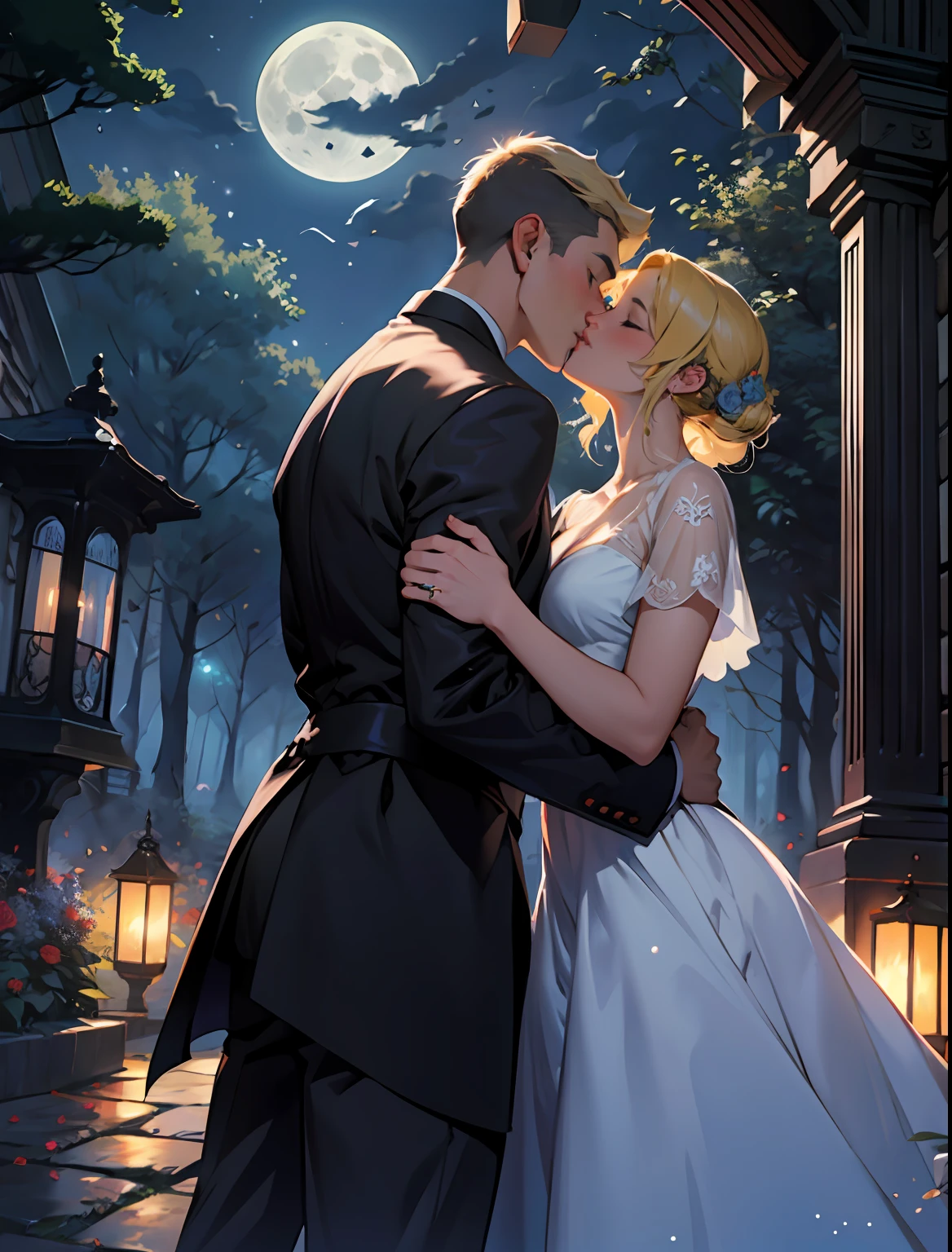 Illustration, France, (one full moon), woods, (a boy is kissing a girl), yellow hair, beautiful, romantic, rose, star, night, the girl is wearing a beautiful dress with flowers, the boy is wearing cloth, firefly on the air, (crystal on the ground:1.2), like a dream, magic moon, moon light, a story under the moon, castle is far from viewer, (wallpaper:1.2), (complicated background:1.4),