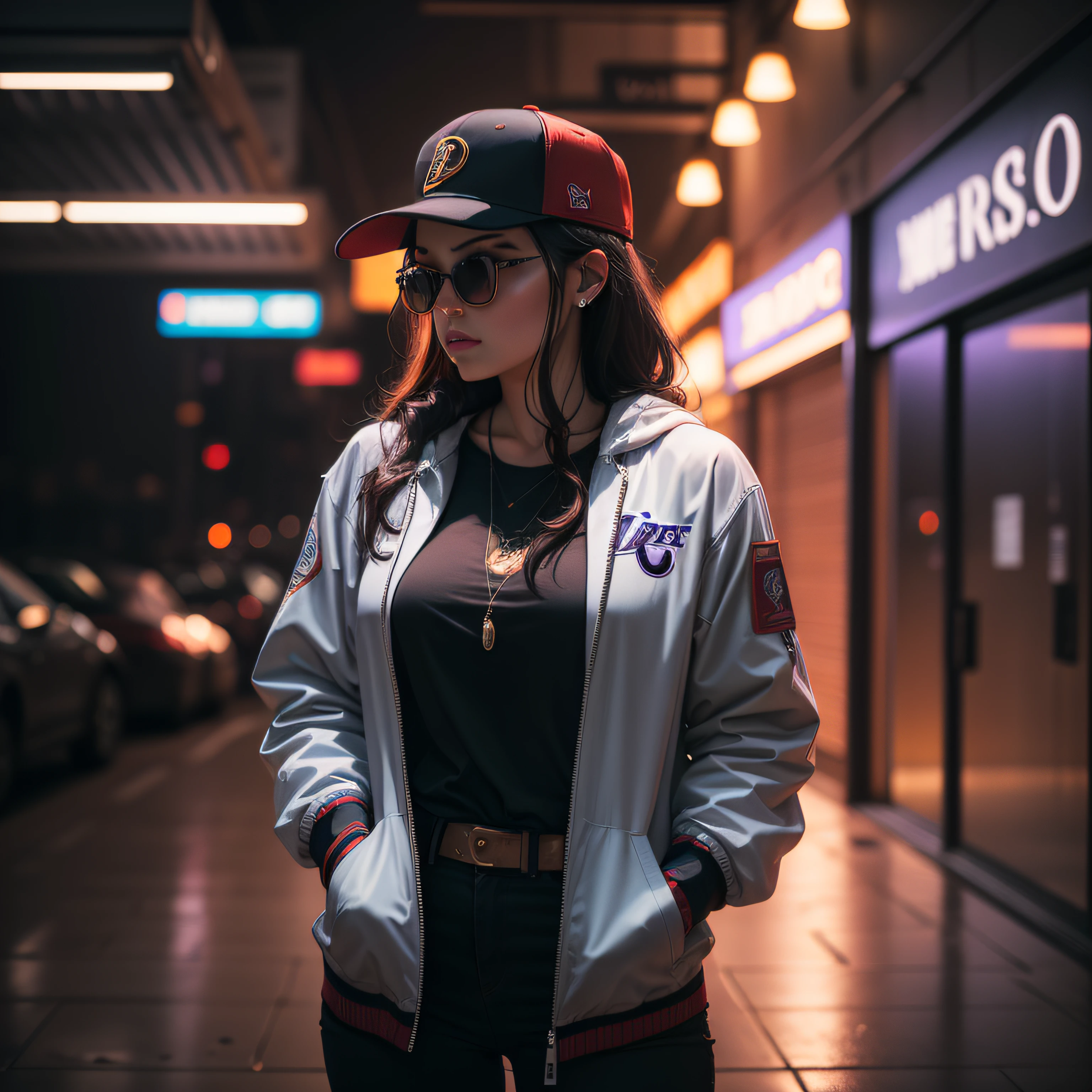 "A woman, with an attractive body, in a basquet jacket with the colors of the Lakers, cap and sunglasses, standing at a deserted night club. The environment is dark, with lighting that highlights the shadows. The scene conveys an intense sense of loneliness and isolation. Music equipment and distant lights are obscured by the night, producing trails of colorful and vibrant lights in the background. The camera is positioned at a dynamic angle, as if it were a film shot, giving a sense of action and suspense."