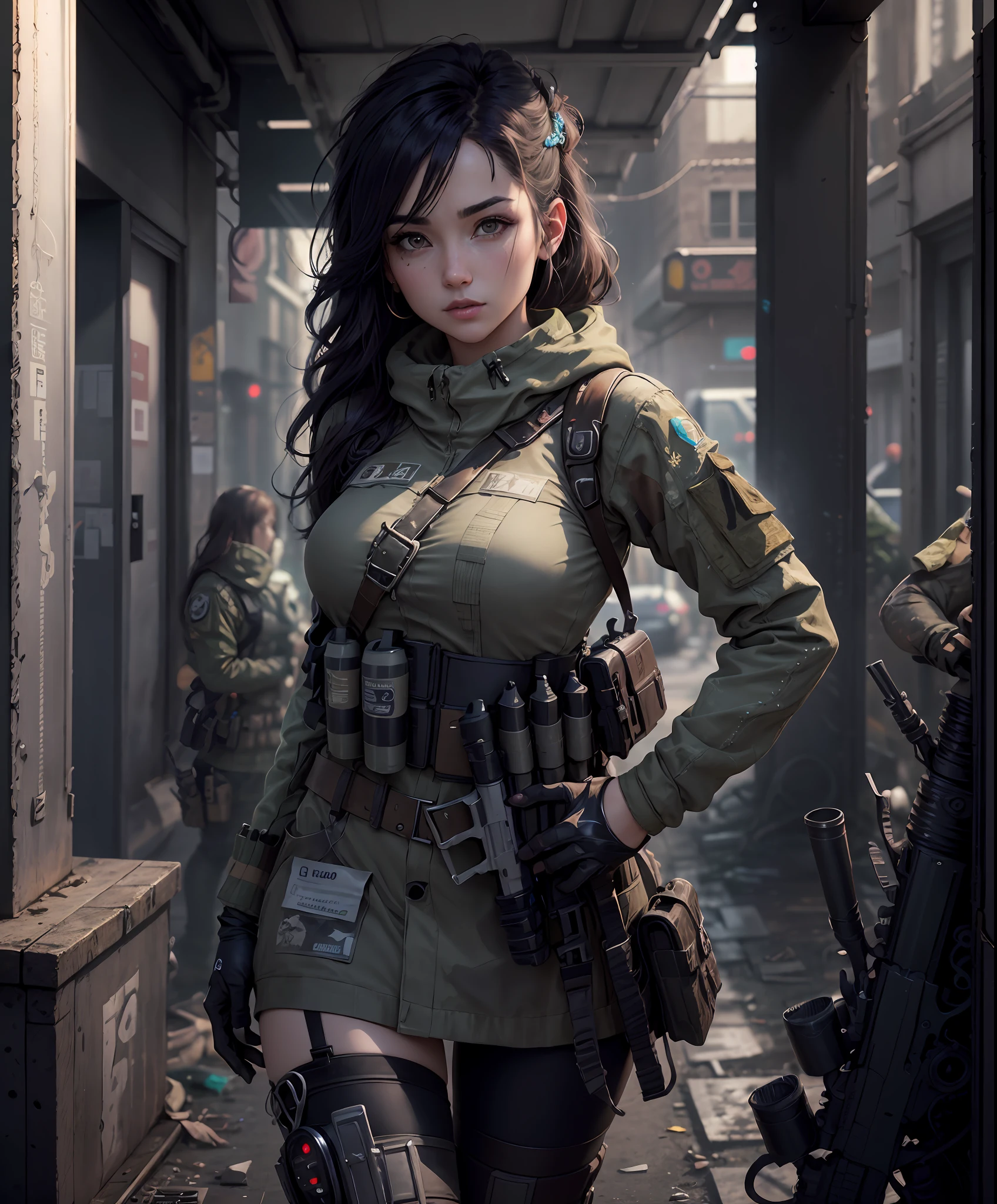 ((Best Quality)), ((Masterpiece)), (High Detail:1.3), 3D, Machine gun in hand, Beautiful (Cyberpunk:1.2) 5 Special Forces, Robbot, Woman with Thick and Fluffy Hair (camouflage_uniform:1.1), Bulletproof Vest, Raincoat, Digital (Camouflage: 1.3), HDR (High Dynamic Range), Ray Tracing, NVIDIA RTX, Ultra High Resolution, Unreal 5, Subsurface Scattering, PBR Texture, Post-processing, Anisotropic filtering, Depth of field, Maximum sharpness and sharpness, Multi-layer textures, Albedo and reflection maps, Surface shading, Accurate simulation of light-material interactions, Ideal ratio, Octane rendering, Two-color illumination, Large aperture, Low ISO, White balance, Rule of thirds, 8K RAW, Effective subpixels, Subpixel convolution,