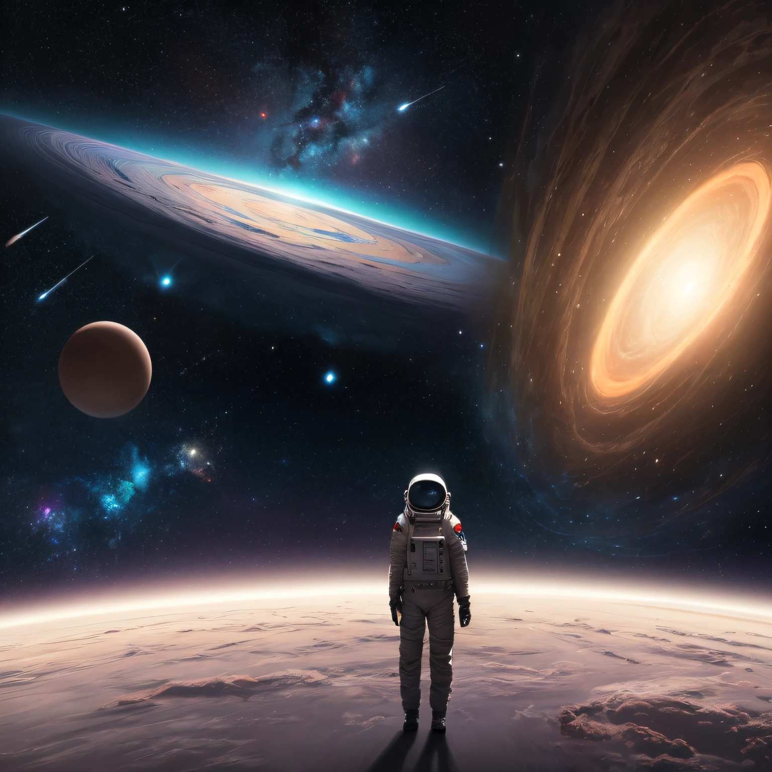 ((master)), ((best quality)), ultra-detailed CG unity 8k wallpaper, incredibly delicate and beautiful illustration, floating, high resolution, dynamic, ((1girl)), brown eyes, brown hair, astronaut suit, dark black background, stellar space, large white luminescent stars, a huge black hole in the background, colorful planets floating in a cosmic maelstrom. --auto