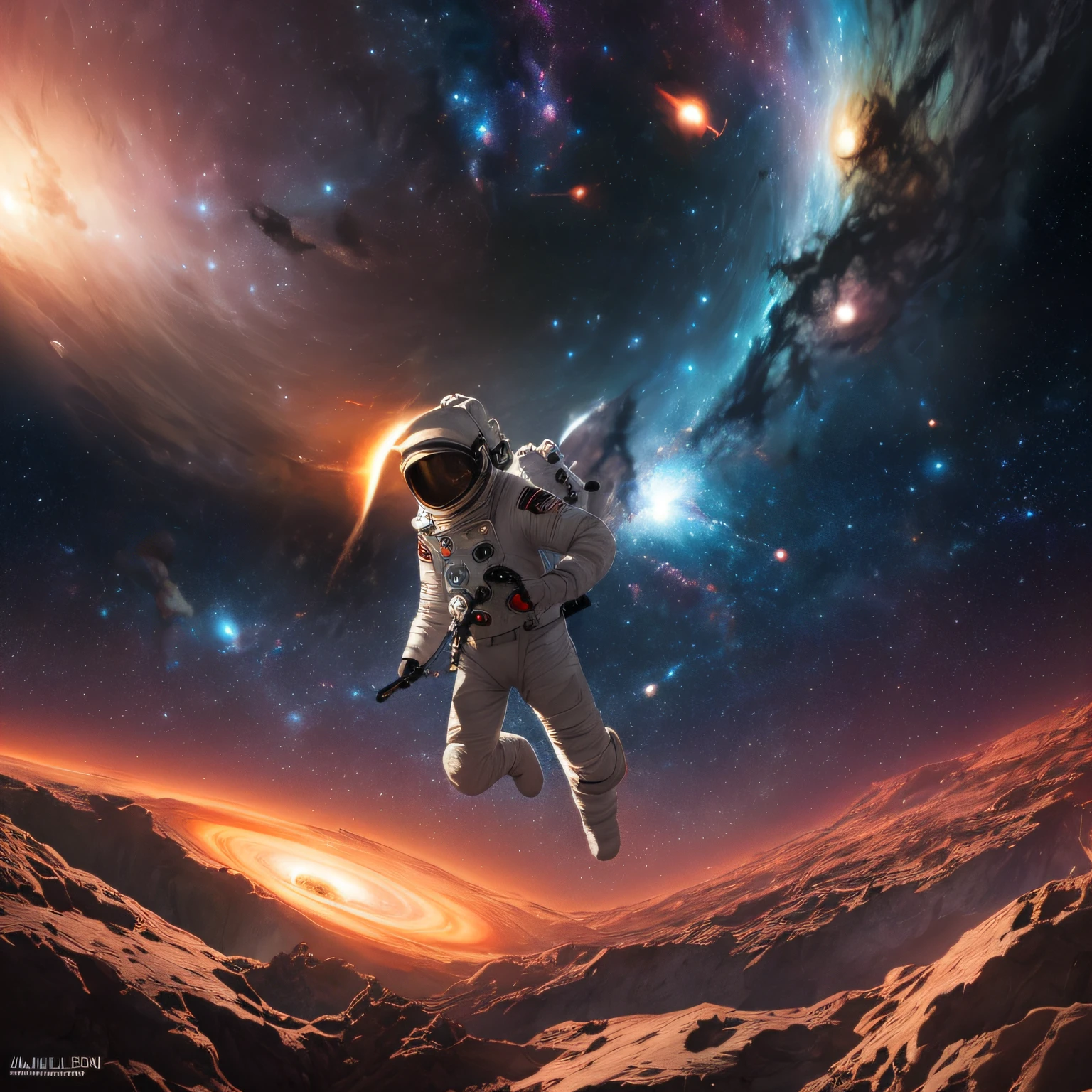 ((master)), ((best quality)), ultra-detailed CG unity 8k wallpaper, incredibly delicate and beautiful illustration, floating, high resolution, dynamic, ((1girl)), brown eyes, brown hair, astronaut suit, dark black background, stellar space, large white luminescent stars, a huge black hole in the background, colorful planets floating in a cosmic maelstrom. --auto