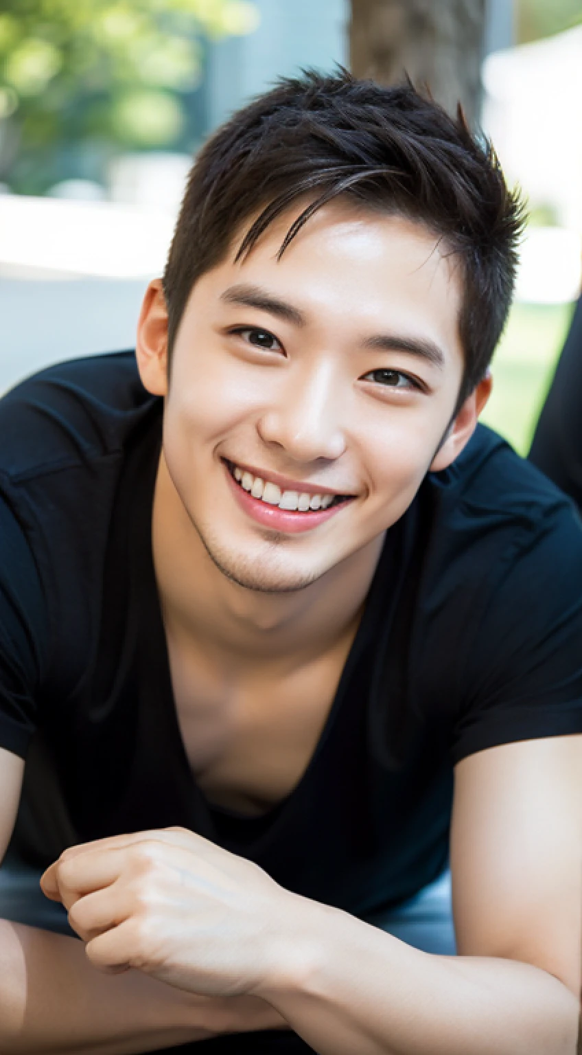 Man about 25 years old, smiling, sharp focus, half body, summer, shirt, wonderful, lying down,