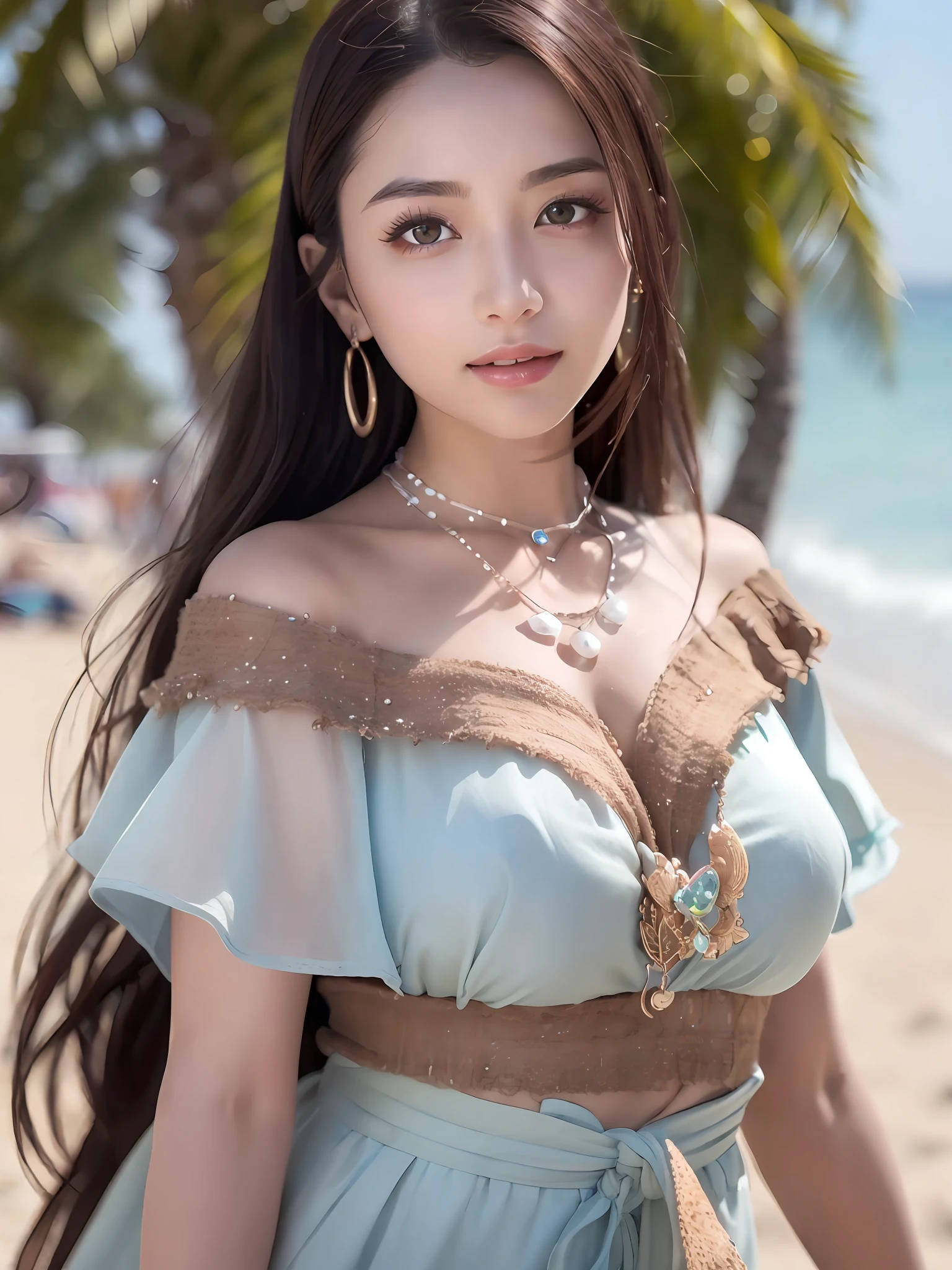 (upper body), (best quality:1.1) ,(photorealistic:1.1), (photography:1.1), (highly detailed:1.1), looking at viewer,armlet, Jade bracelet, eyelashes, happy, medium breasts,beautiful detailed girl, (extremely detailed eyes and face), (lighting on face),necklace,Colorful clothes, [chinese clothes],[off shoulder], (solo:1.2), sandbeach,sand,Standing by the seaside, summer, (beautiful detailed sky),