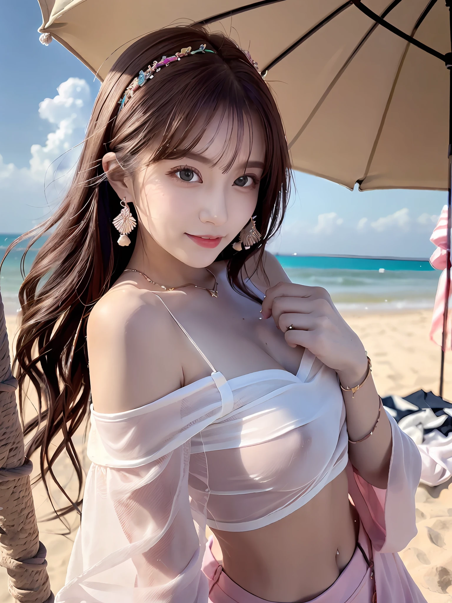 (upper body), (best quality:1.1) ,(photorealistic:1.1), (photography:1.1), (highly detailed:1.1), looking at viewer,armlet, Jade bracelet, eyelashes, happy, medium breasts,beautiful detailed girl, (extremely detailed eyes and face), (lighting on face),necklace,Colorful clothes, [chinese clothes],[off shoulder], (solo:1.2), sandbeach,sand,Standing by the seaside, summer, (beautiful detailed sky),