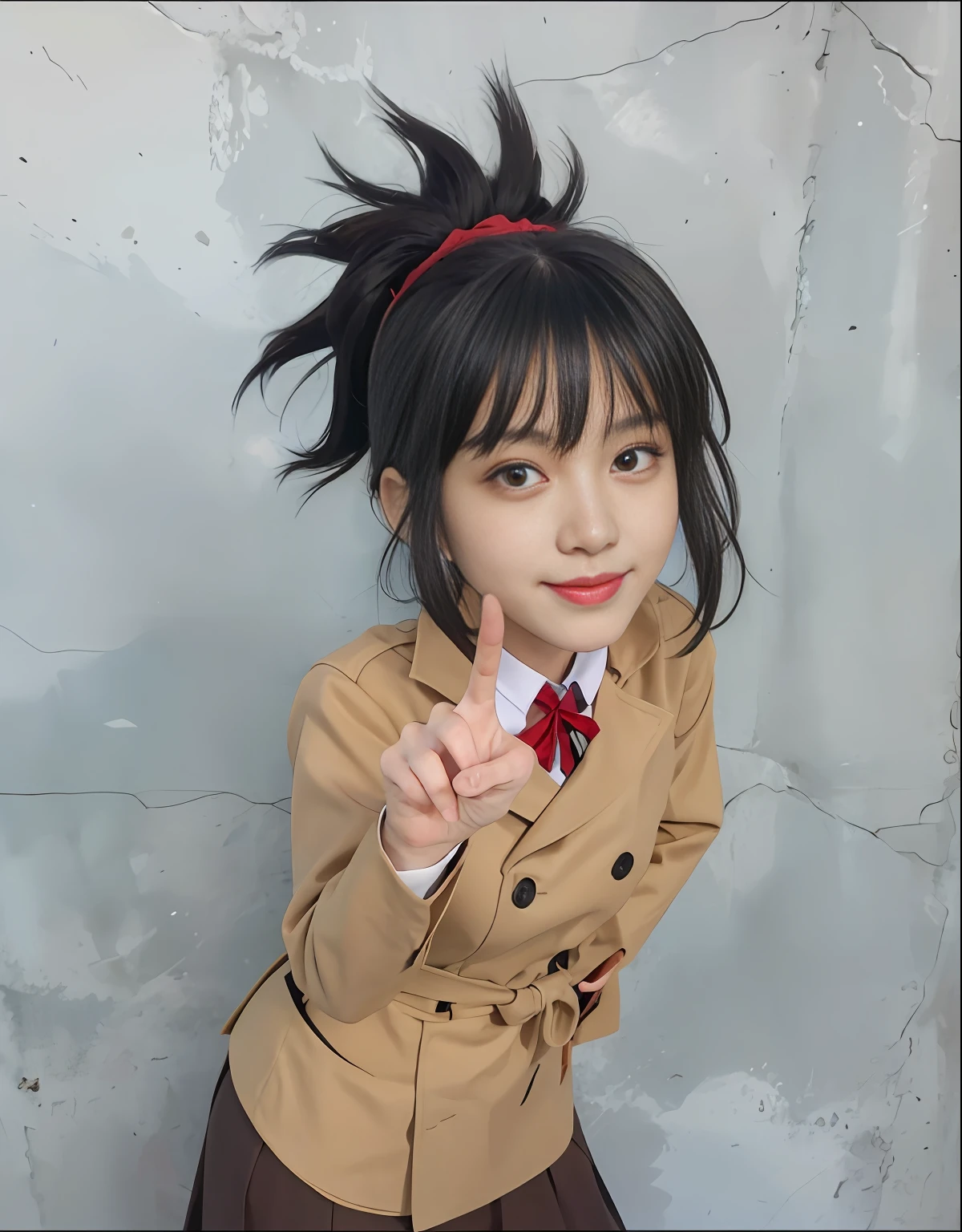 Anime character with black hair and brown coat pointed to the camera, index finger, anime girl named Lucy, inspired by Ryusaburo Umehara, Rumiko, anime style", as an anime character, inspired by Yunichi Hiratsuka, Kagekyo Killer Reborn, from the Hidden Academy, inspired by Munakata Shimitsu, big brown eyes, hair tied up, red headband, pursed mouth, smile