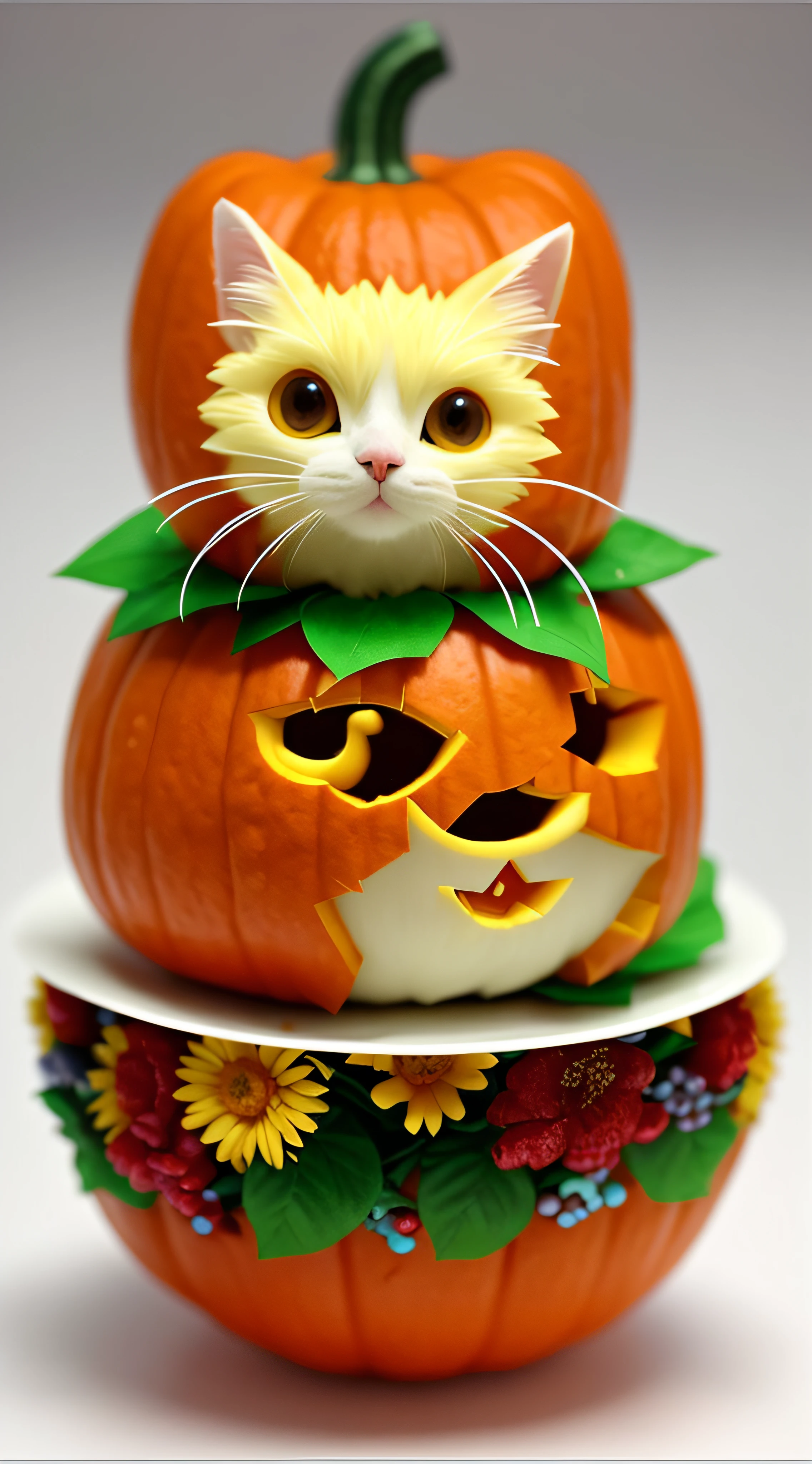 There is a pumpkin and a cat made of fruit, food art, very realistic, very, very realistic, cat design, cat detail, pumpkin, cat masterpiece, cute cat, made of fruits and flowers, fantastic! , carved, kawaii cat, very, very very realistic, awesome cat, made of Wu Zhen, made of flowers and fruits, carved, carved with candy, perfectly detailed