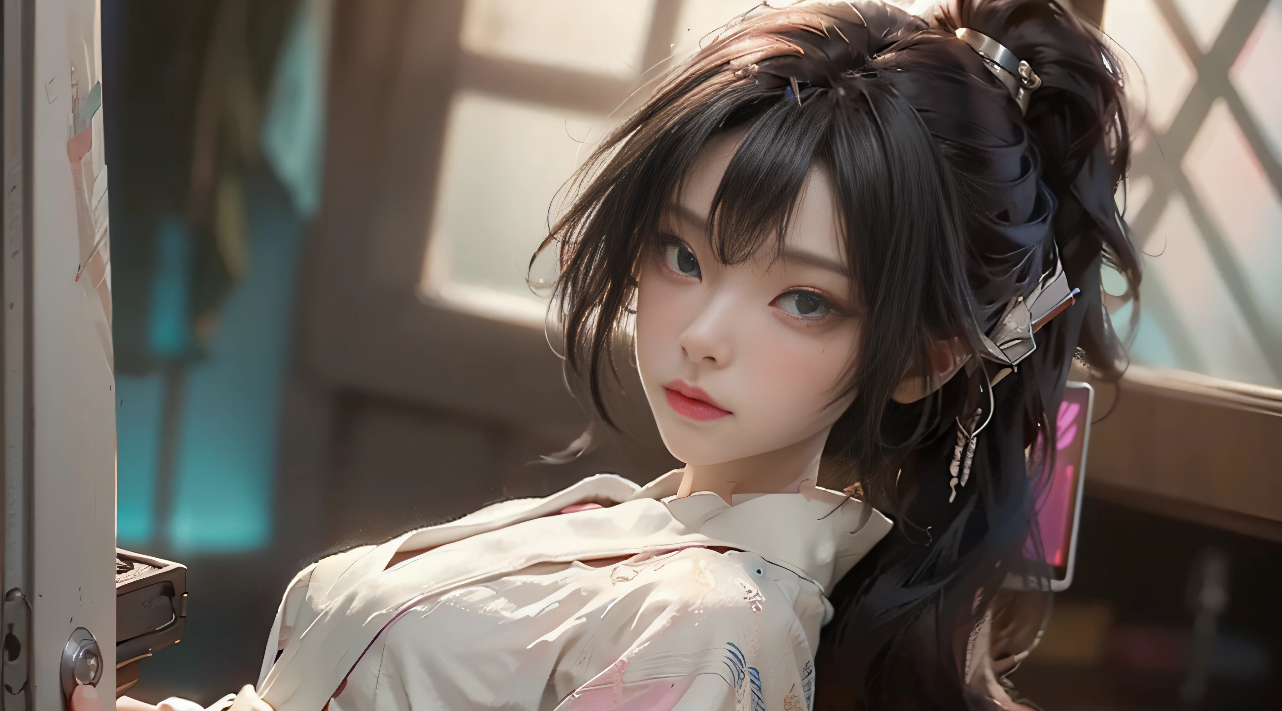 ((Best Quality)), ((Masterpiece)), (Detail: 1.4), 3D, Beautiful Cyberpunk Female Image, HDR (High Dynamic Range), Ray Tracing, NVIDIA RTX, Super Resolution, Unreal 5, Subsurface Scattering, PBR Texture, Post-Processing, Anisotropic Filtering, Depth of Field, Maximum Sharpness and Sharpness, Multi-layer Texture, Albedo and Highlight Mapping, Surface Coloring, Mitsu-Accurate Simulation of Material Interactions, Perfect Proportions, Octane Rendering, Two-color Light, Large Aperture, Low ISO, white balance, regular three-point, 8K RAW, beautiful bright pupils, flowing robe, fine pupils, delicate face and eyes, long eyelashes, blush, fluffy hair, pink lips, pure, cute