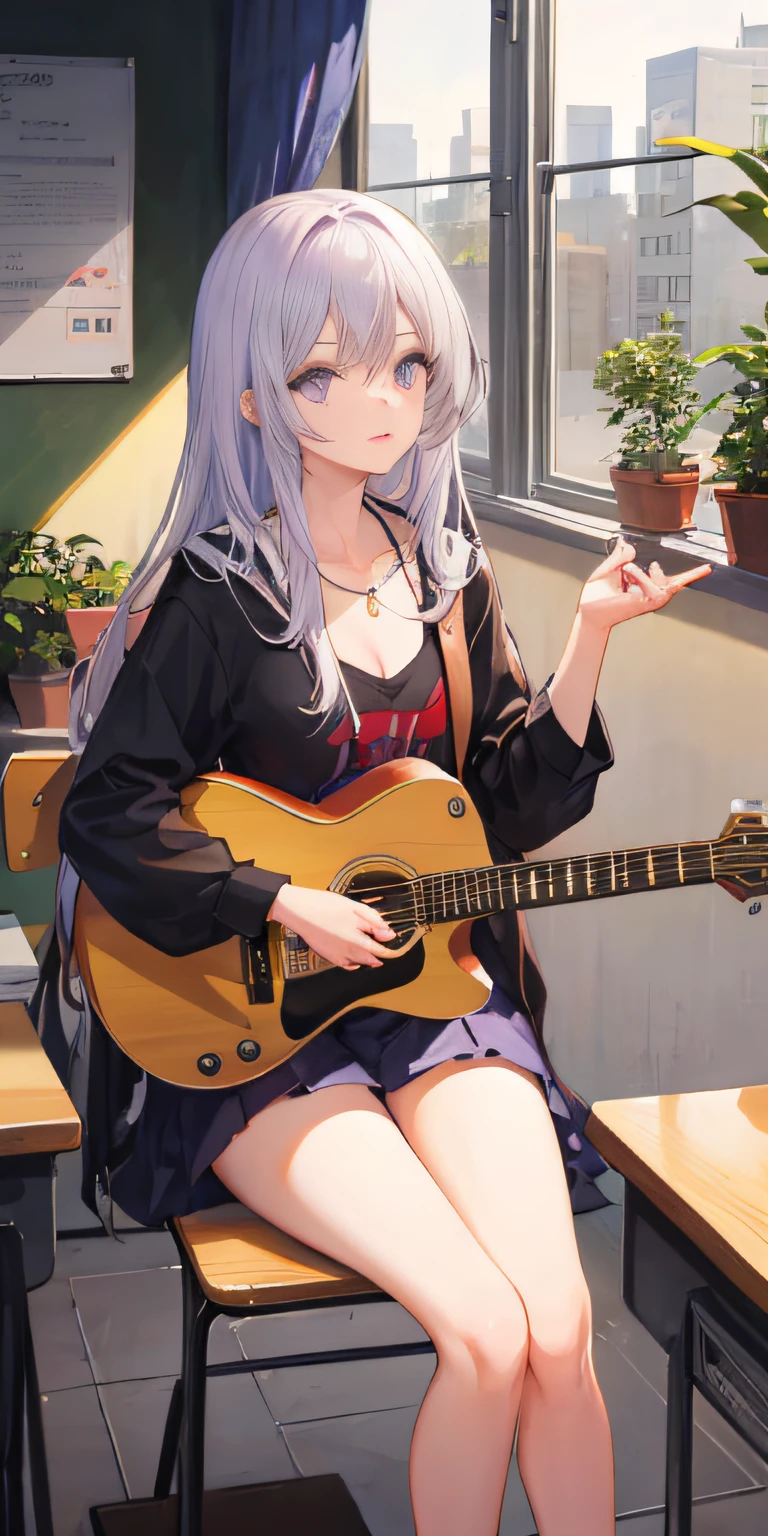 masterpiece, best quality, high resolution, solo, purple eyes, kahuka 1, guitar, musical instrument, 1 girl, solo, plant, cat, potted plant, electric guitar, classroom, sitting