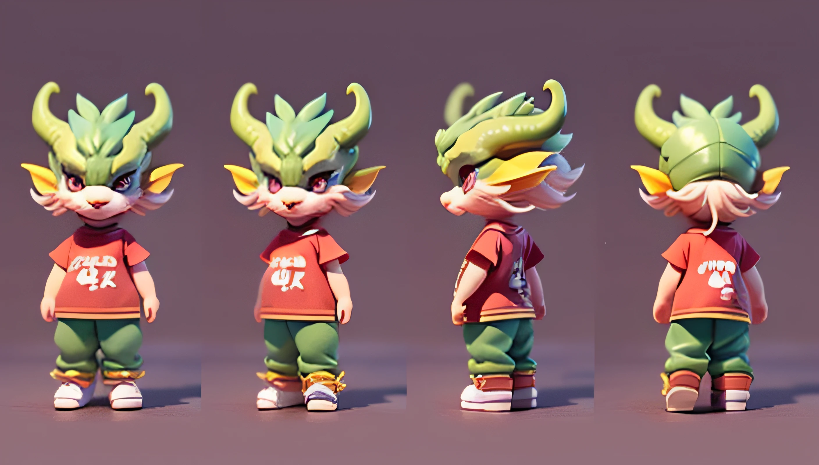 (Boy: 1.2), Dragon, Dragon, Green Dragon, Dragon Head, 1 pair of cute dragon horns, Big Eyes, (Q version: 1.1), (Red T-shirt: 1.3), Cute, (Cute), (Full body: 1.3), Chubby, (pink nose), True, Blind box toy style, (front, side, back: 1.3), ((three sided view, full body, simple background, multiple views, highres)).