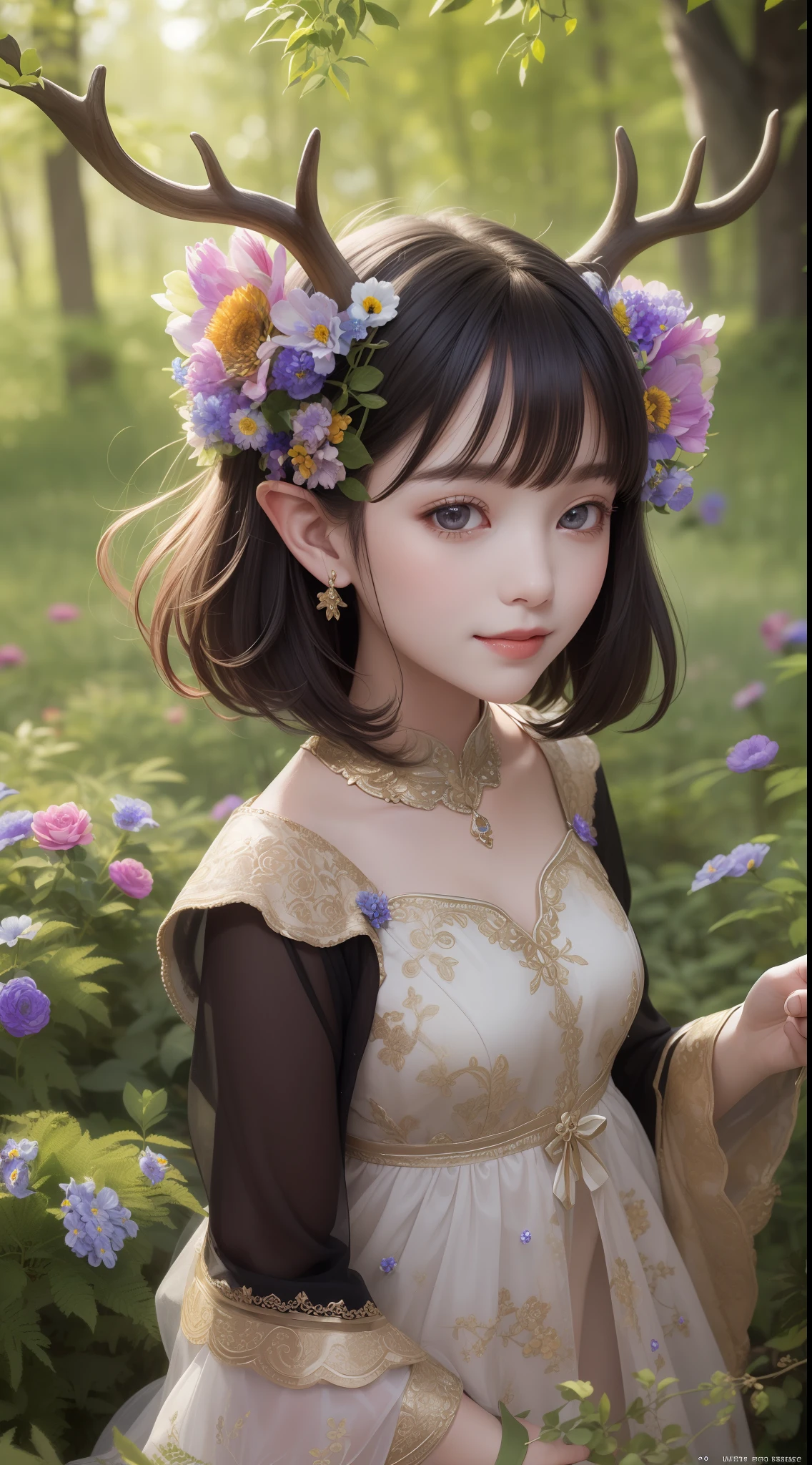 (masterpiece), (ultra-detailed), (full body:1.2), 1girl, chibi, cute, smile, bangs, Black hair, Short hair, antlers, (forest:1.3), (Flowers:1.5), Elf ear,depth of field, tree,convenient leg,  (beautiful detailed face), (beautiful detailed eyes), blurry, (best quality)