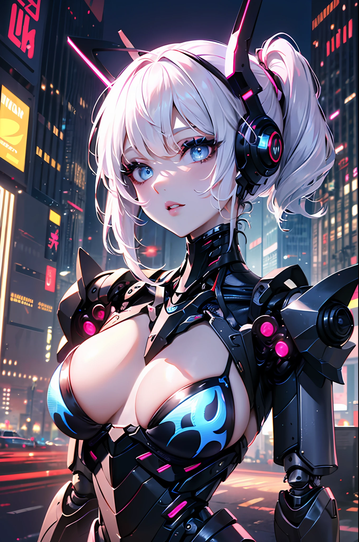 Top quality, masterpiece, fine details, very delicate 8k wallpaper, beautiful mechanical girl, (white ponytail), (blue eyes), long eyelashes, makeup, pink lips, five fingers, (mechanical joints, mechanical hands, mechanical legs: 1.1), (exoskeleton micro bikini), sharp angles on both sides of the head, (mechanical halo), cyberpunk city,