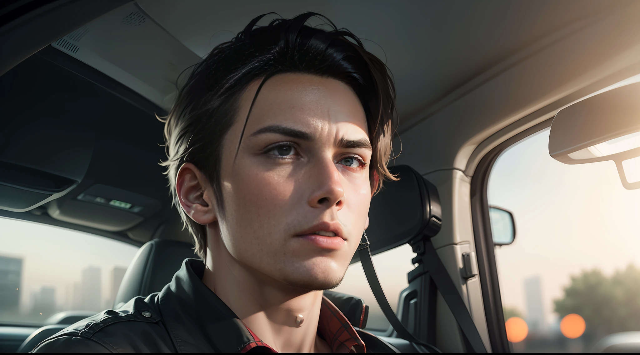 A young man was driving, turning off the radio, his expression of dissatisfaction and distrust, the dim light inside the car