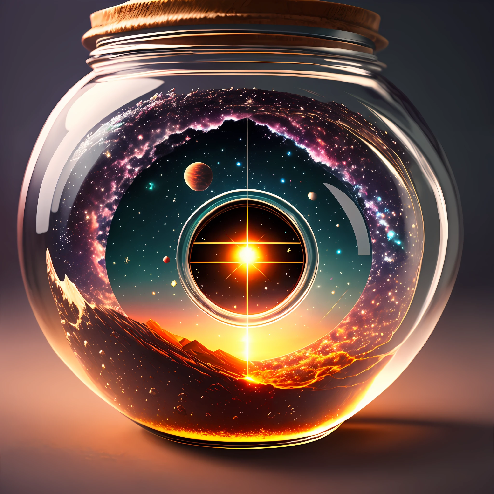 The entire universe is contained in a glass jar, ultra-realistic, ultra-detailed, dramatic lighting, 4K