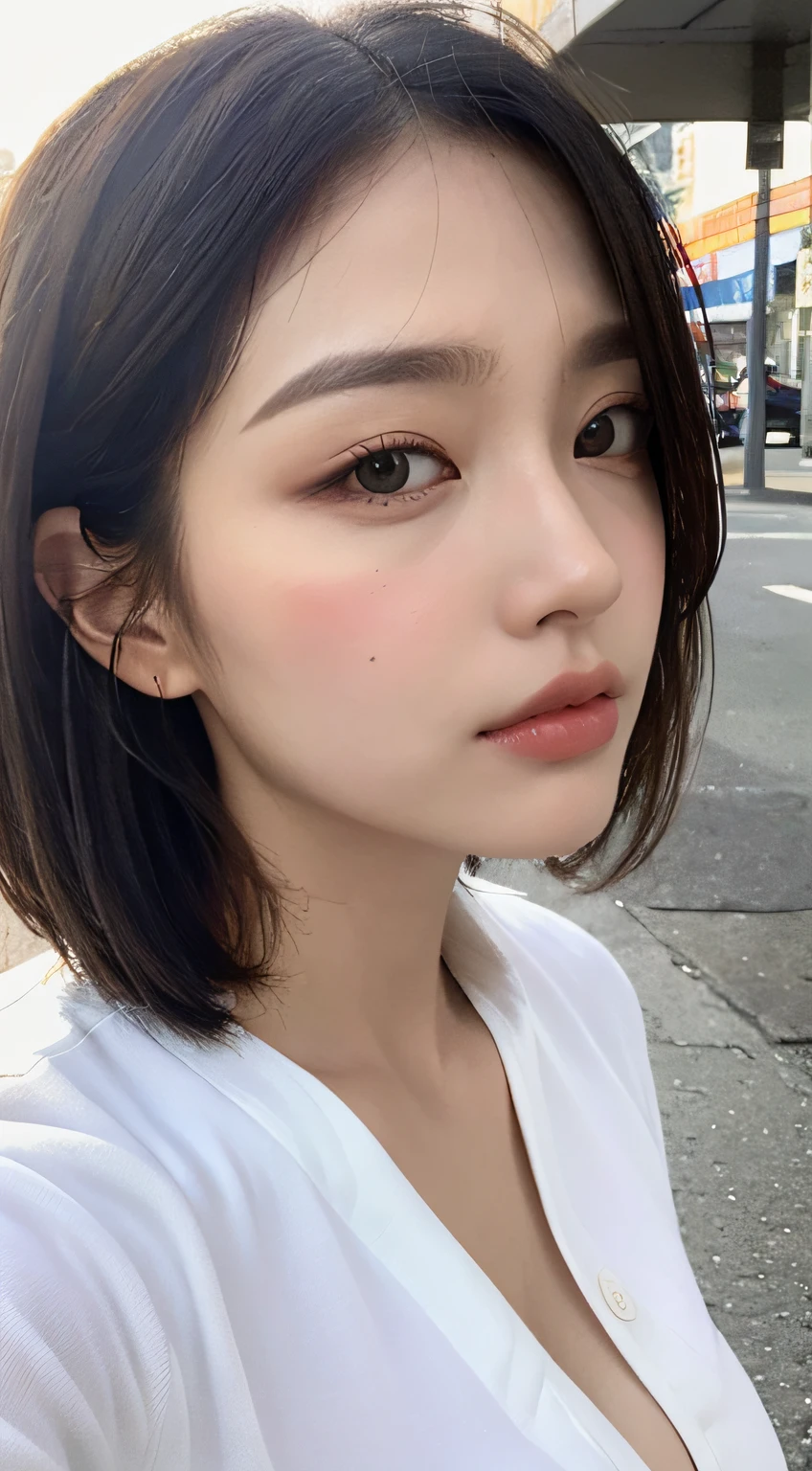((Best Quality, 8K, Masterpiece: 1.3)), Sharp: 1.2, Perfect Body Beauty: 1.4, Slim Abs: 1.2, ((Layered Hairstyle, Big Breasts: 1.2)), (Wet White Button Long Shirt: 1.1), (Rain, Street: 1.2), Wet: 1.5, Highly detailed face and skin texture, detailed eyes, double eyelids, side face looking at the camera