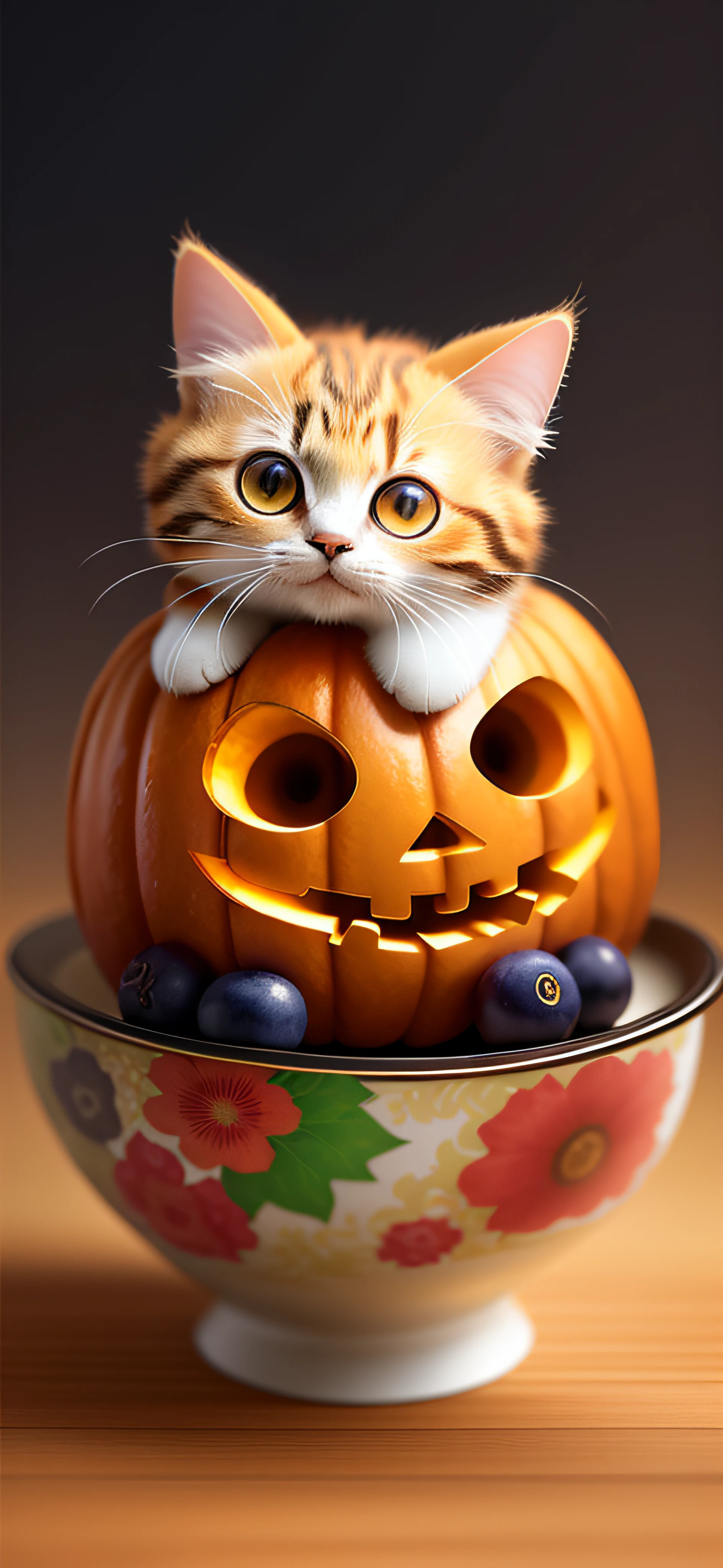 There is a pumpkin and a cat made of fruit, food art, very realistic, very, very realistic, cat design, cat detail, pumpkin, cat masterpiece, cute cat, made of fruits and flowers, fantastic! , carved, kawaii cat, very, very very realistic, awesome cat, made of Wu Zhen, made of flowers and fruits, carved, carved with candy, perfectly detailed