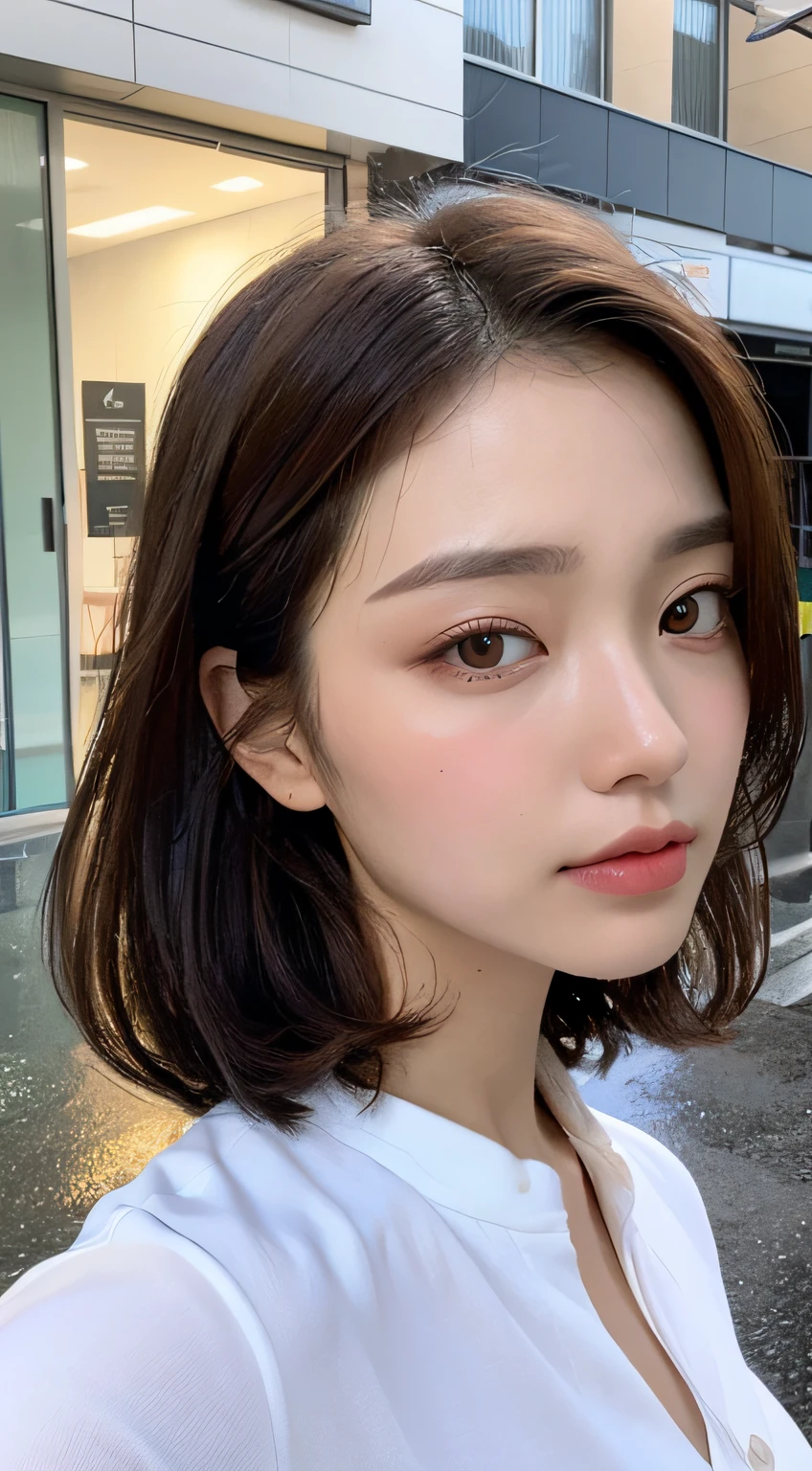 ((Best Quality, 8K, Masterpiece: 1.3)), Sharp: 1.2, Perfect Body Beauty: 1.4, Slim Abs: 1.2, ((Layered Hairstyle, Big Breasts: 1.2)), (Wet White Button Long Shirt: 1.1), (Rain, Street: 1.2), Wet: 1.5, Highly detailed face and skin texture, detailed eyes, double eyelids, side face looking at the camera