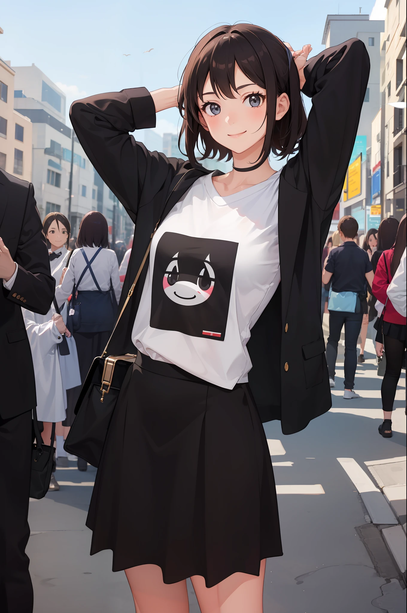 1 girl, smile, shirt, skirt, (small) chiralism, (panchira)