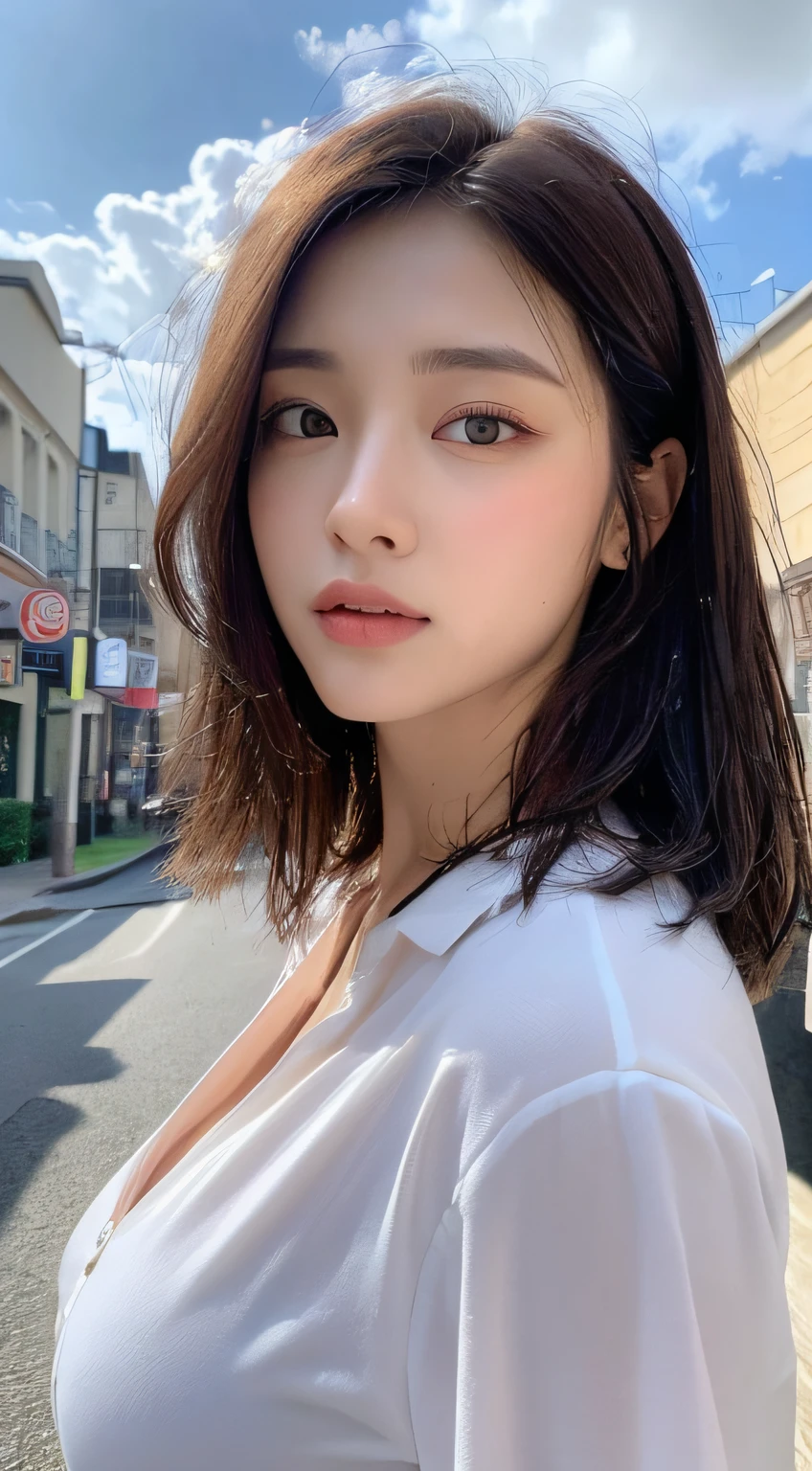 ((Best Quality, 8K, Masterpiece: 1.3)), Sharp: 1.2, Perfect Body Beauty: 1.4, Slim Abs: 1.2, ((Layered Hairstyle, Big Breasts: 1.2)), (Wet White Button Long Shirt: 1.1), (Rain, Street: 1.2), Wet: 1.5, Highly detailed face and skin texture, detailed eyes, double eyelids, side face looking at the camera