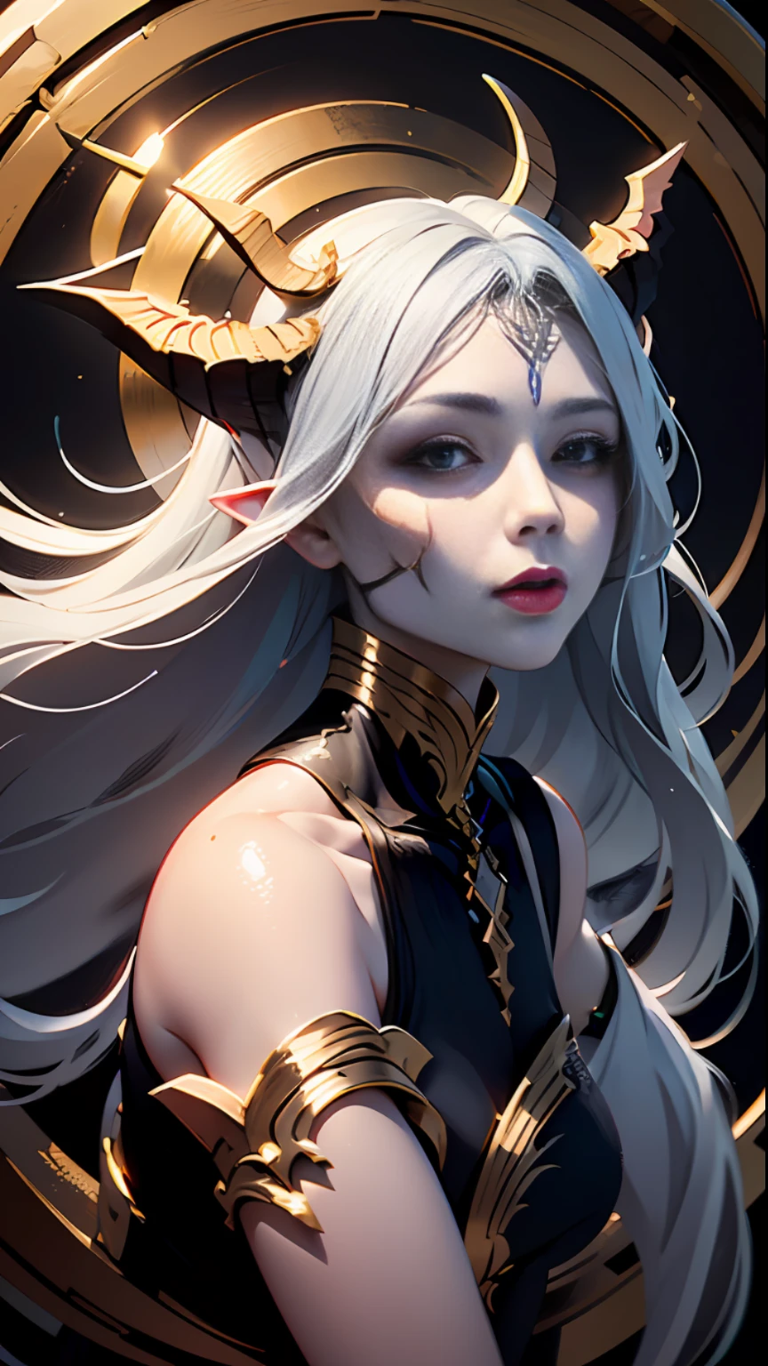 Masterpiece, golden, best quality, ultra-detailed, enchanting facial features, succubus girl, holding a skull, red demon wings and tail, black damask lace, dark painting style,a closeup portrait of a Evil goddess, long hair