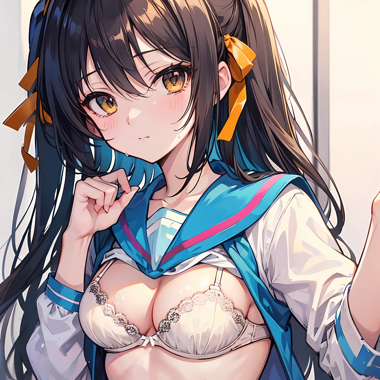 Best Quality Haruhi Suzumiya School High School Uniform Sweat Sheer White Shirt Beige Bra Small Tits