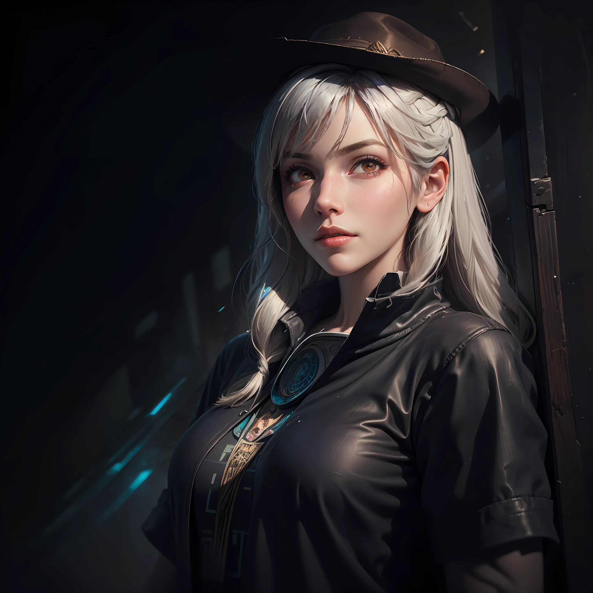 Hyperrealist portrait of female by david hockney and alphonse mucha,fantasy art, photo realistic, dynamic lighting, artstation, poster, volumetric lighting, very detailed faces, 4 k, award winning,, 1girl, in the dark, deep shadow, low key,cowboy shot,(official clothing:1.4) ,long hair,white hair, --auto