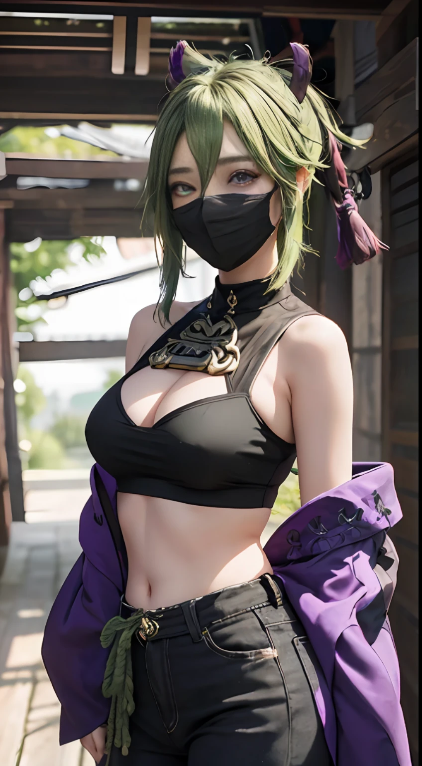 Master masterpiece, best quality, extreme details, shiny, shiny hair, (beautiful fine eyes), super detailed skin, shiny clothes, 1girl, ((green hair)), (purple eyes), purple clothes, tight black belly pocket, purple Chinese knot hair ornament, mask, exposed navel, upper body, kuki shinobu \(genshin impact\), green_hair, mask