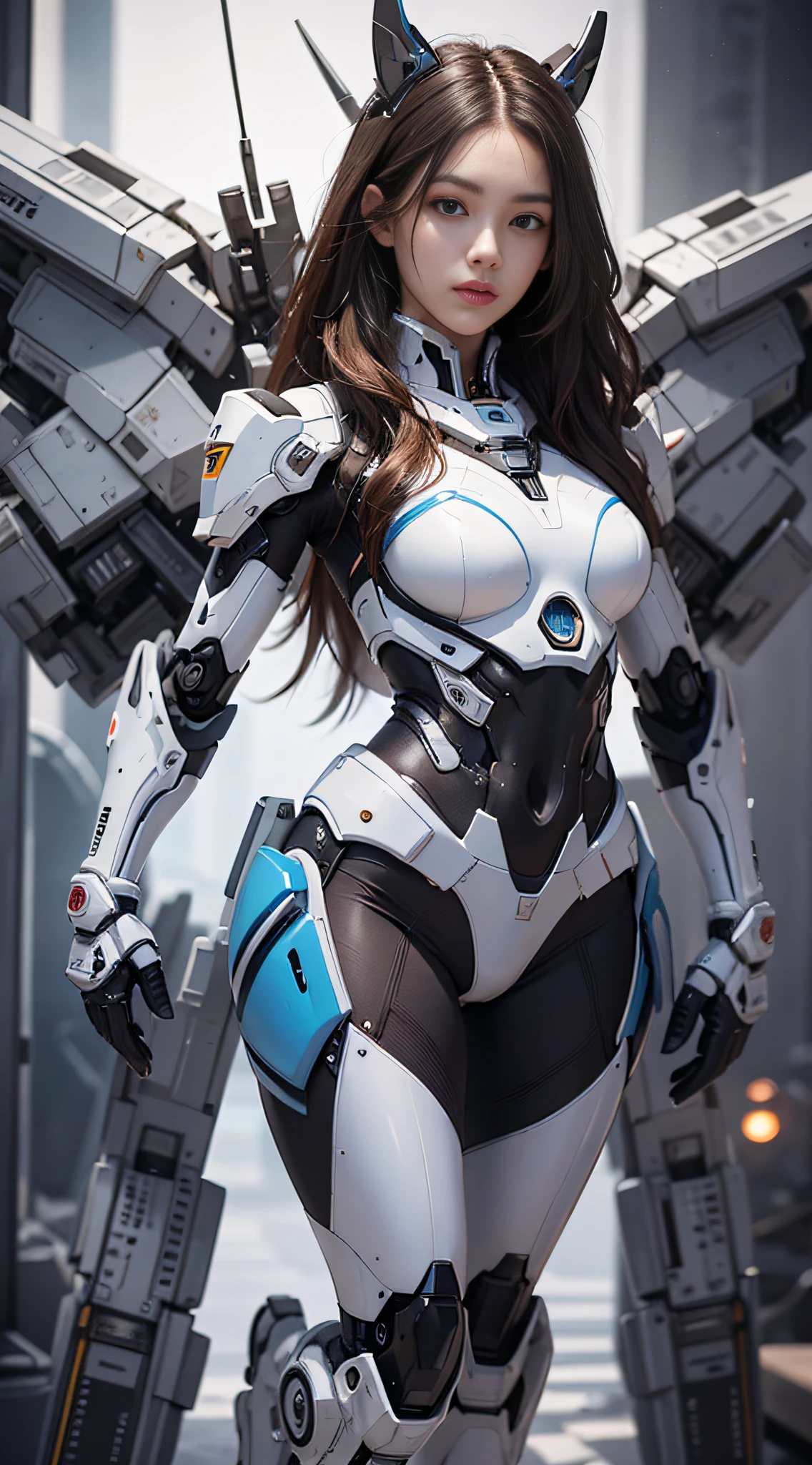 A girl looking at the audience, brunette hair, long hair, mechanical, high detail, futuristic, realism, full body, UHD, masterpiece, anatomically correct, super detail, best quality, high resolution, 8k, HD, white mecha, high-tech mecha, (full body: 1.5), frontal, perfect facial proportions, upright body, beautiful eyes, perfect face, detailed face,elegant,simple background,epic realistic,cinematic lighting,