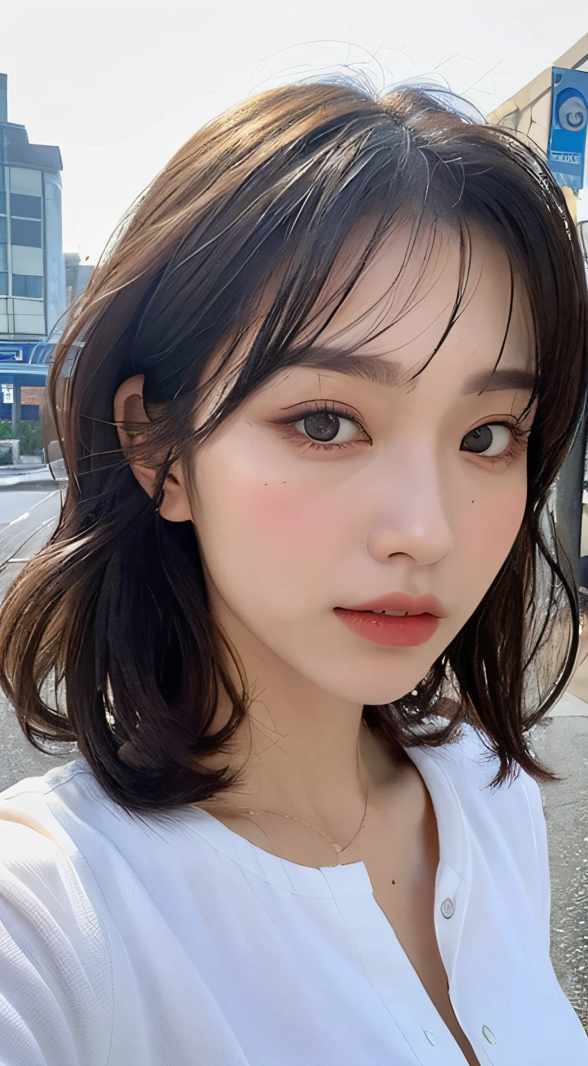 ((Best Quality, 8K, Masterpiece: 1.3)), Sharp: 1.2, Perfect Body Beauty: 1.4, Slim Abs: 1.2, ((Layered Hairstyle, Big Breasts: 1.2)), (Wet White Button Long Shirt: 1.1), (Rain, Street: 1.2), Wet: 1.5, Highly detailed face and skin texture, detailed eyes, double eyelids, side face looking at the camera