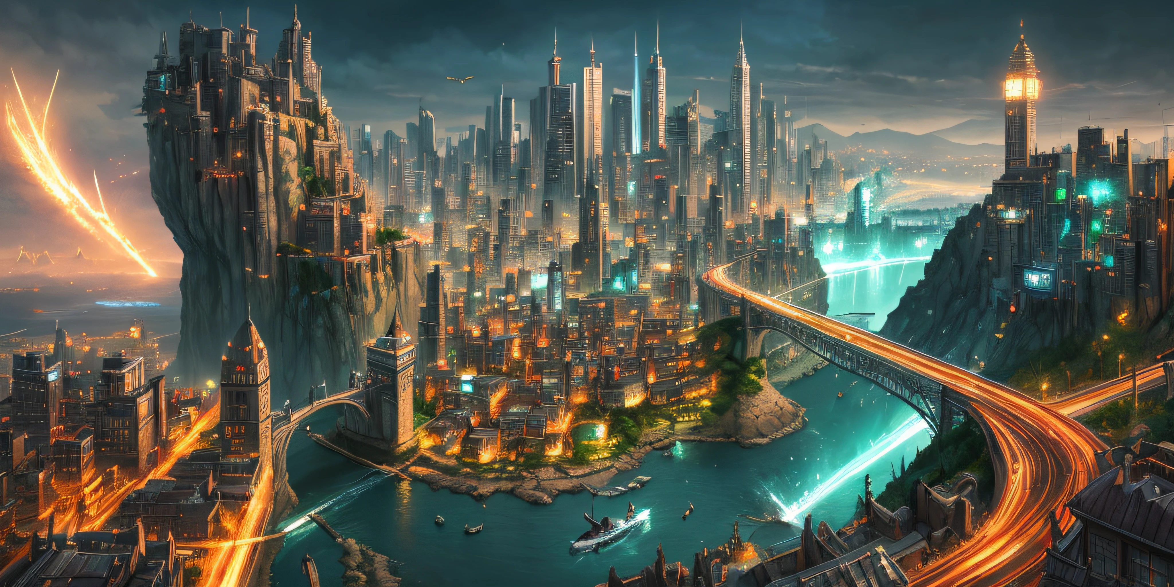 arafed city on a cliff with a bridge and a dragon flying over it, in fantasy sci - fi city, ancient sci - fi city, sci-fi fantasy wallpaper, fantasy cityscape, fantasy capital city, sci-fi fantasy desktop wallpaper, 4k highly detailed digital art, stylized urban fantasy artwork, fantasy city background, epic fantasy sci fi illustration